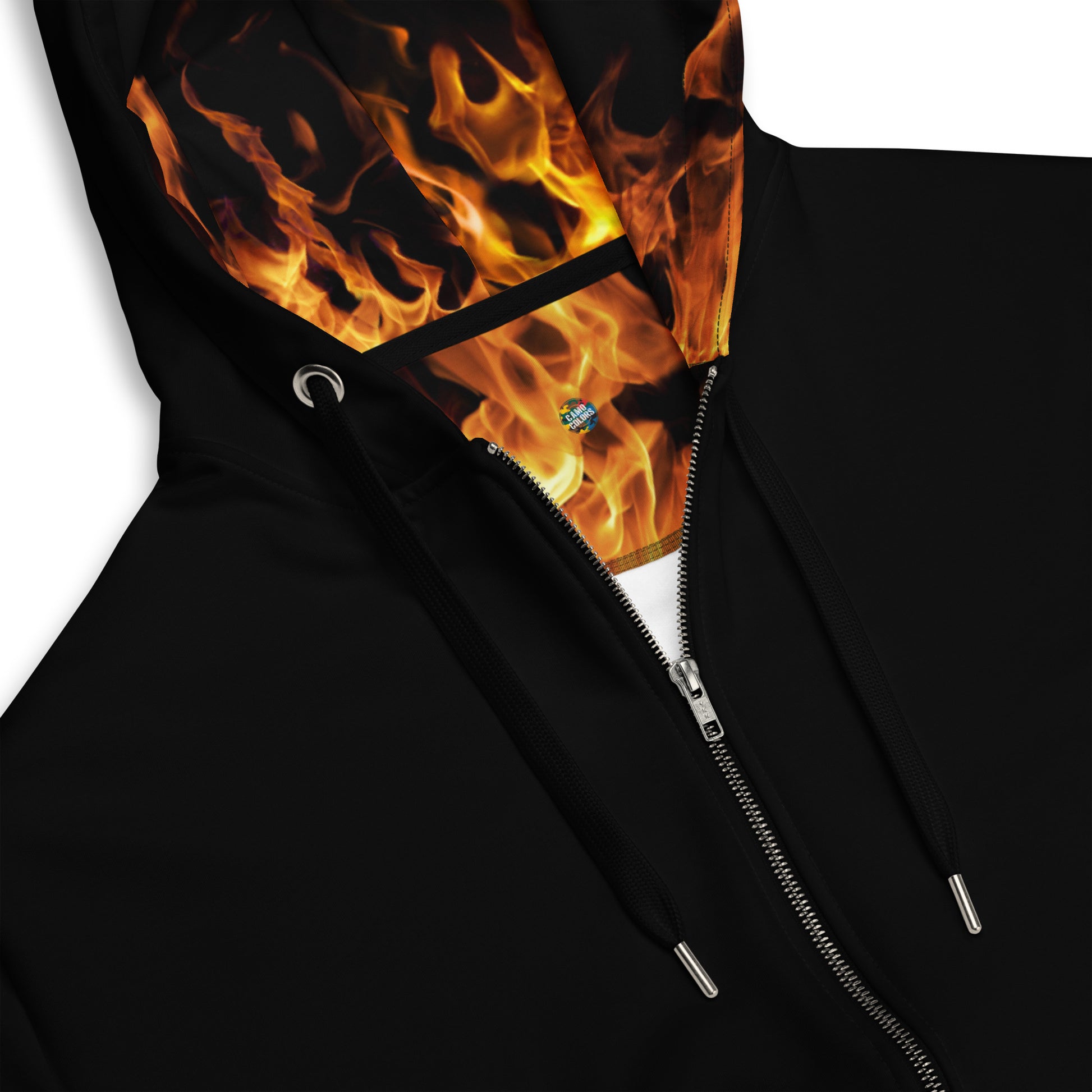 Blazing Flames Zip Hoodie | Black Background | Camo Colors