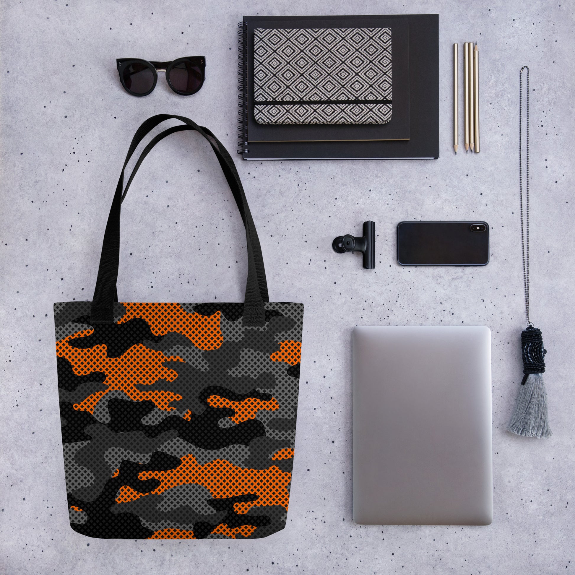 Camo Tote Bag | Orange & Black Pixel Camouflage Camo Colors