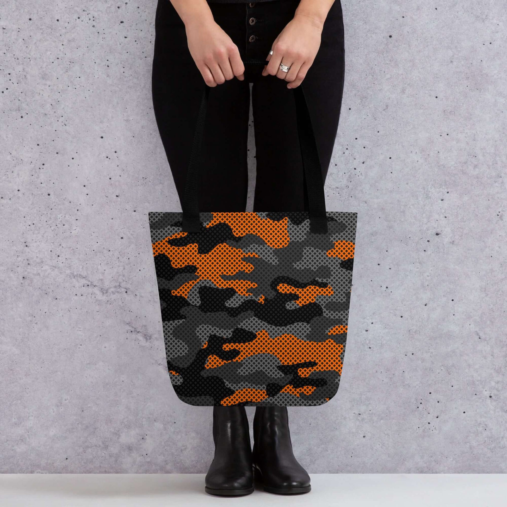Camo Tote Bag | Orange & Black Pixel Camouflage Camo Colors