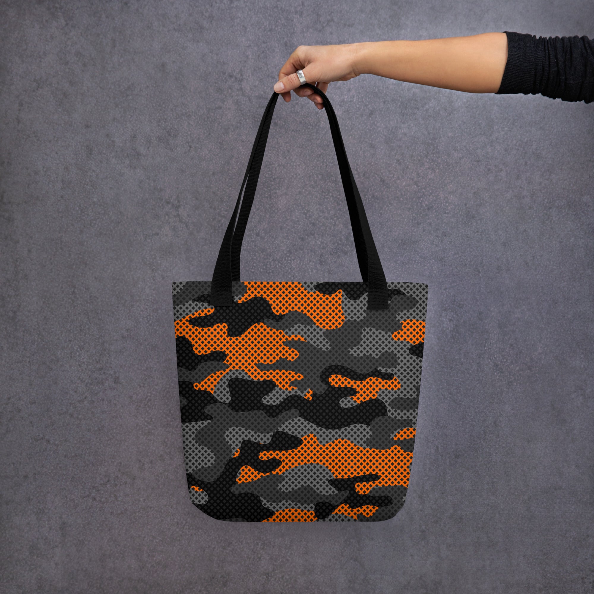Camo Tote Bag | Orange & Black Pixel Camouflage Camo Colors