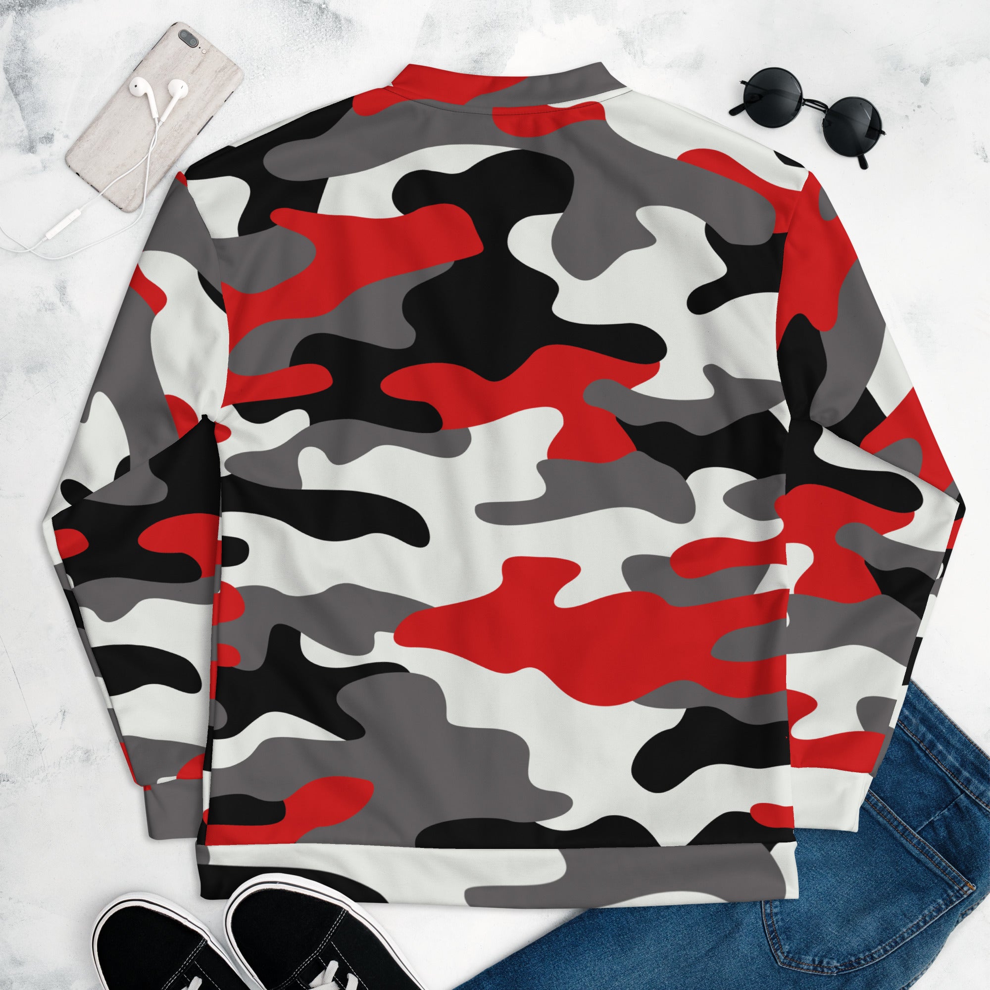 Camo Bomber Jacket | Unisex | Red, Black, and White Camo Colors
