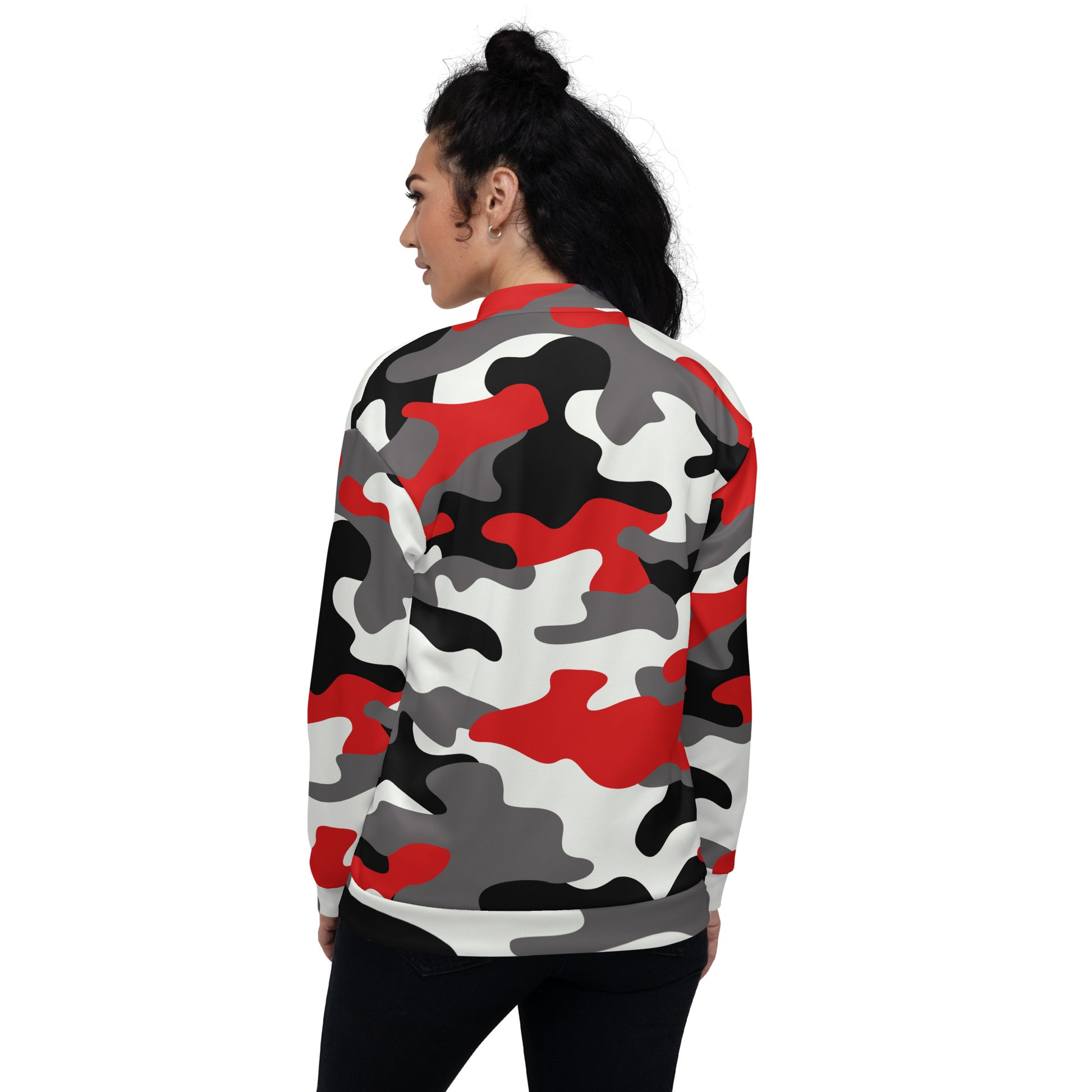Camo Bomber Jacket | Unisex | Red, Black, and White Camo Colors