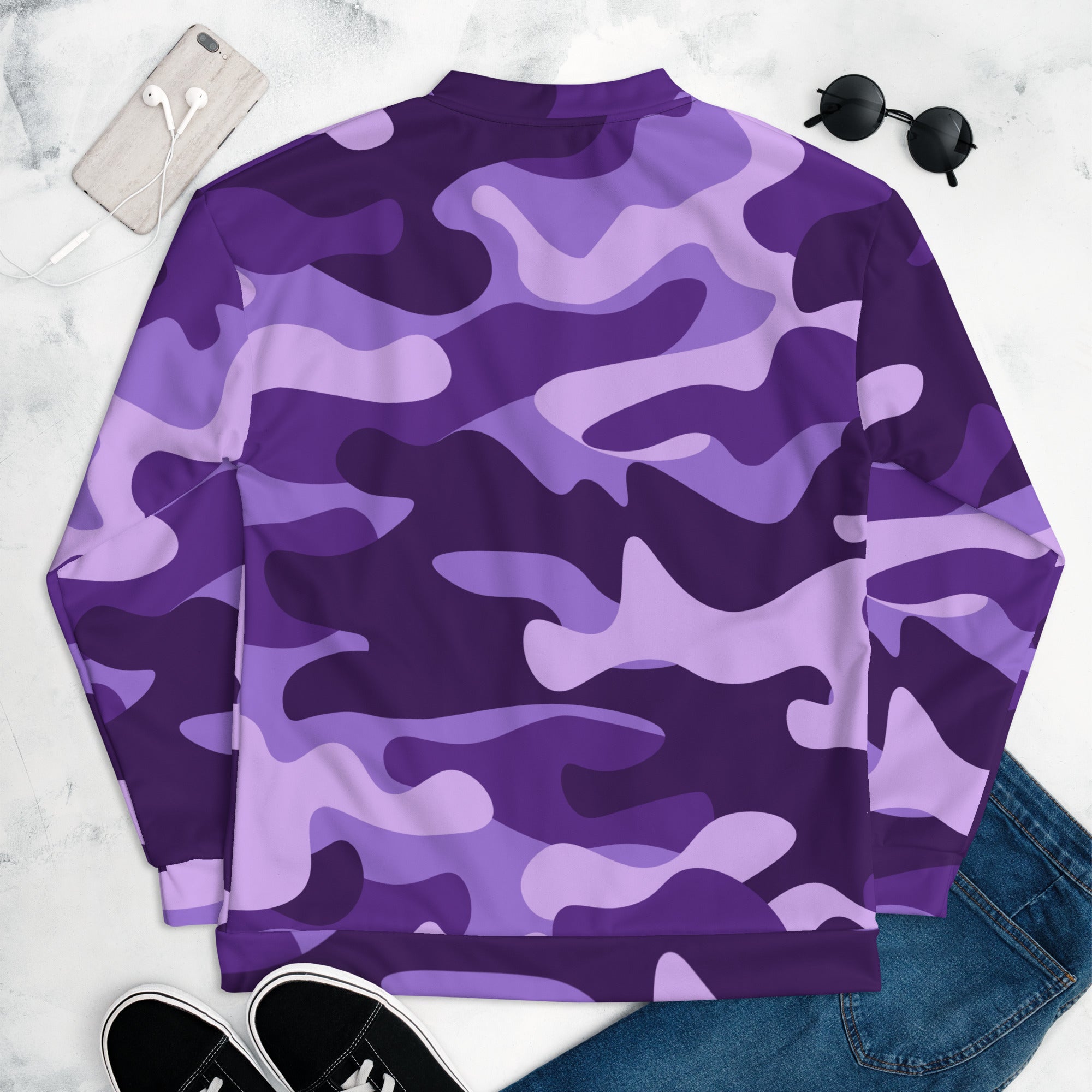Camo Bomber Jacket | Unisex | Purple, Blue and Mauve Camo Colors
