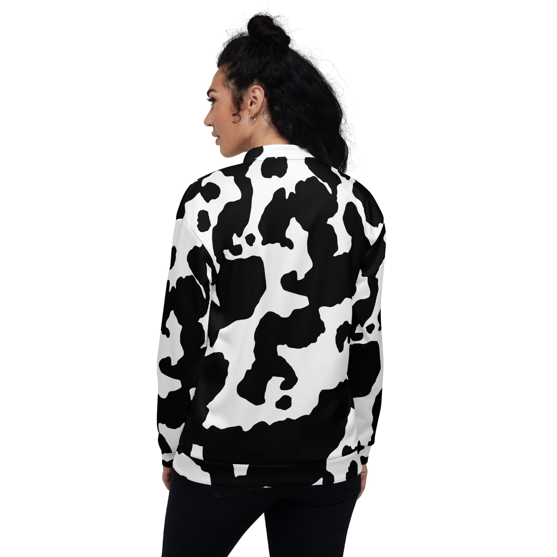 Camo Bomber Jacket | Unisex | Black & White Cow Camouflage Camo Colors