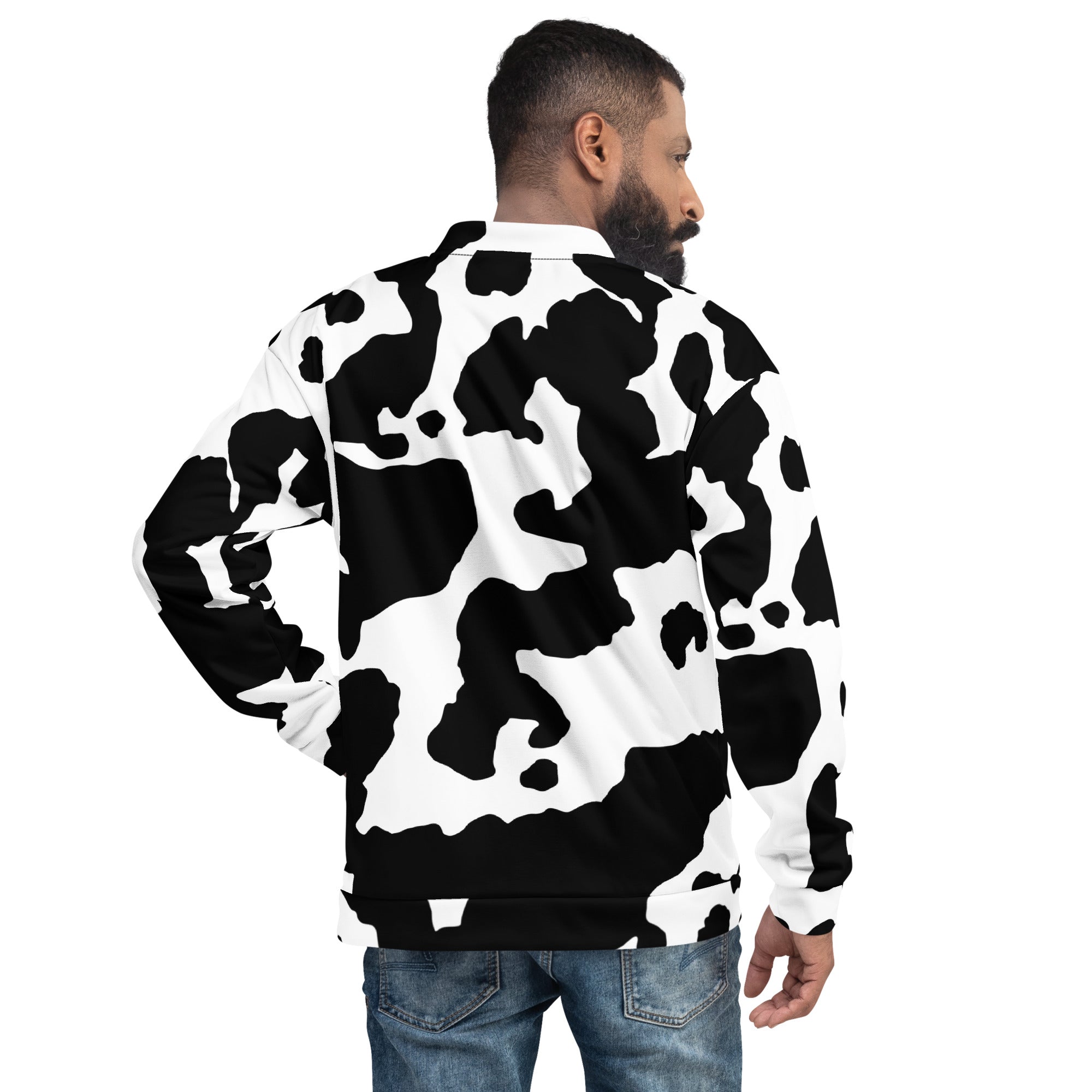 Camo Bomber Jacket | Unisex | Black & White Cow Camouflage Camo Colors