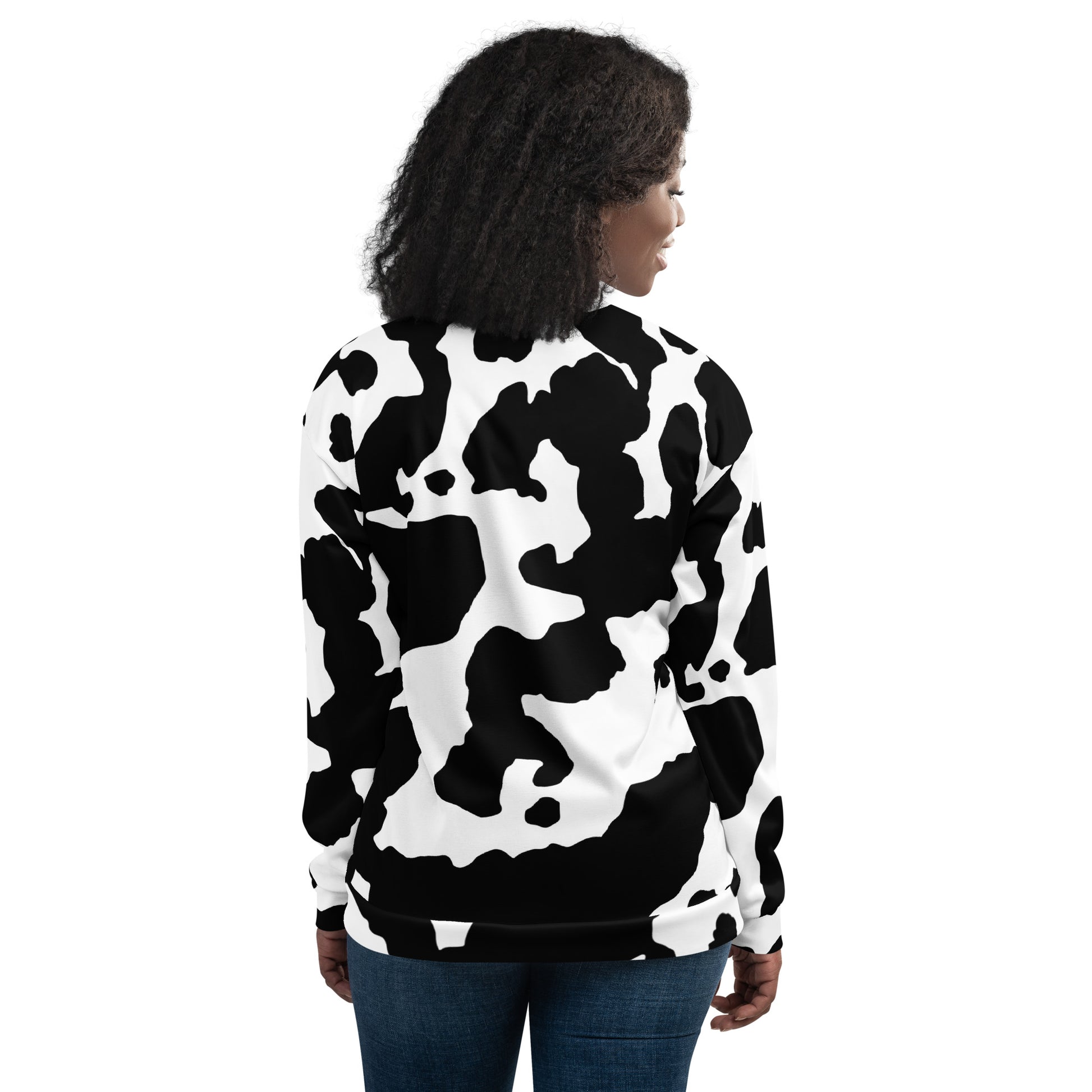 Camo Bomber Jacket | Unisex | Black & White Cow Camouflage Camo Colors
