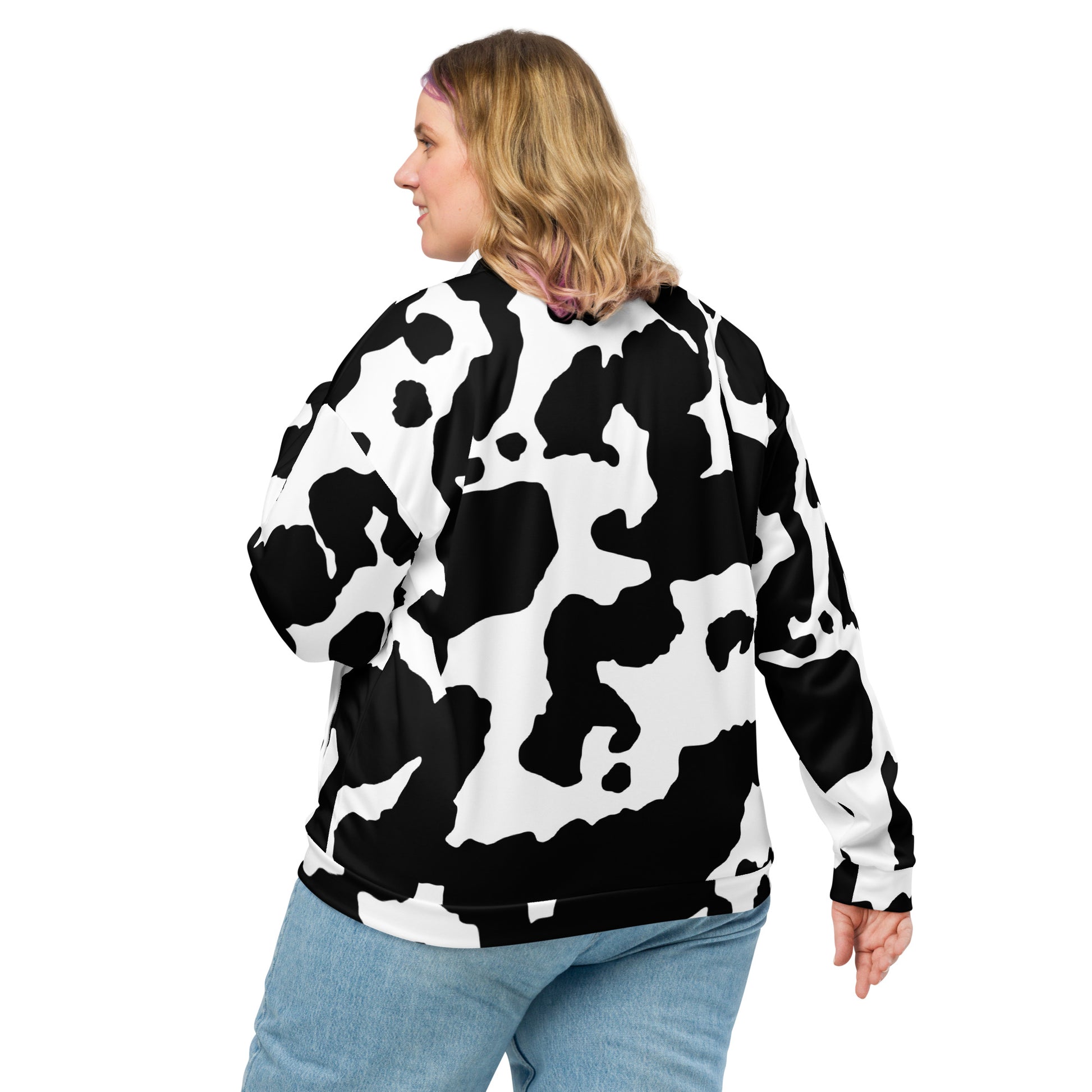 Camo Bomber Jacket | Unisex | Black & White Cow Camouflage Camo Colors