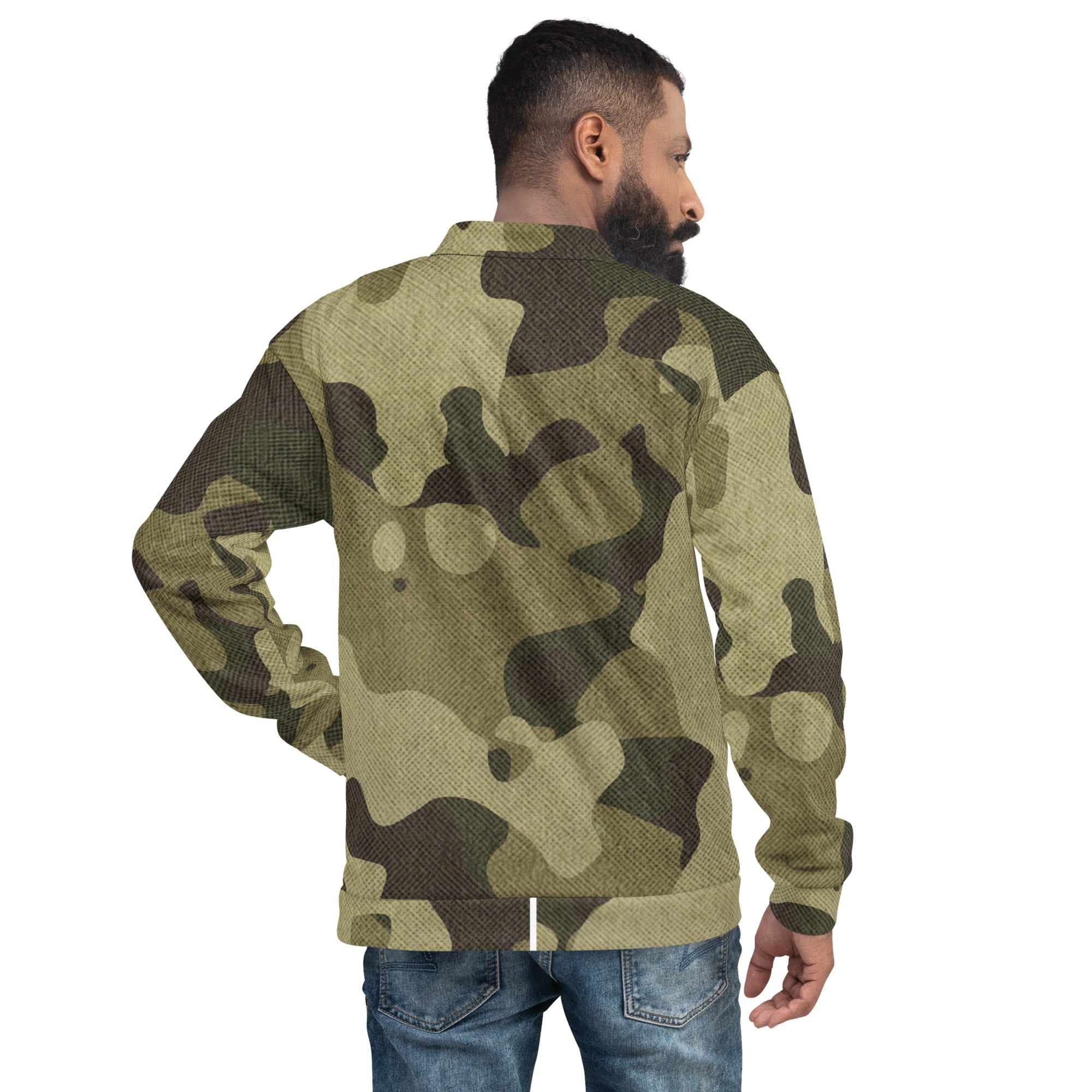 Camo Bomber Jacket | Unisex | Green Fabric Camouflage Camo Colors