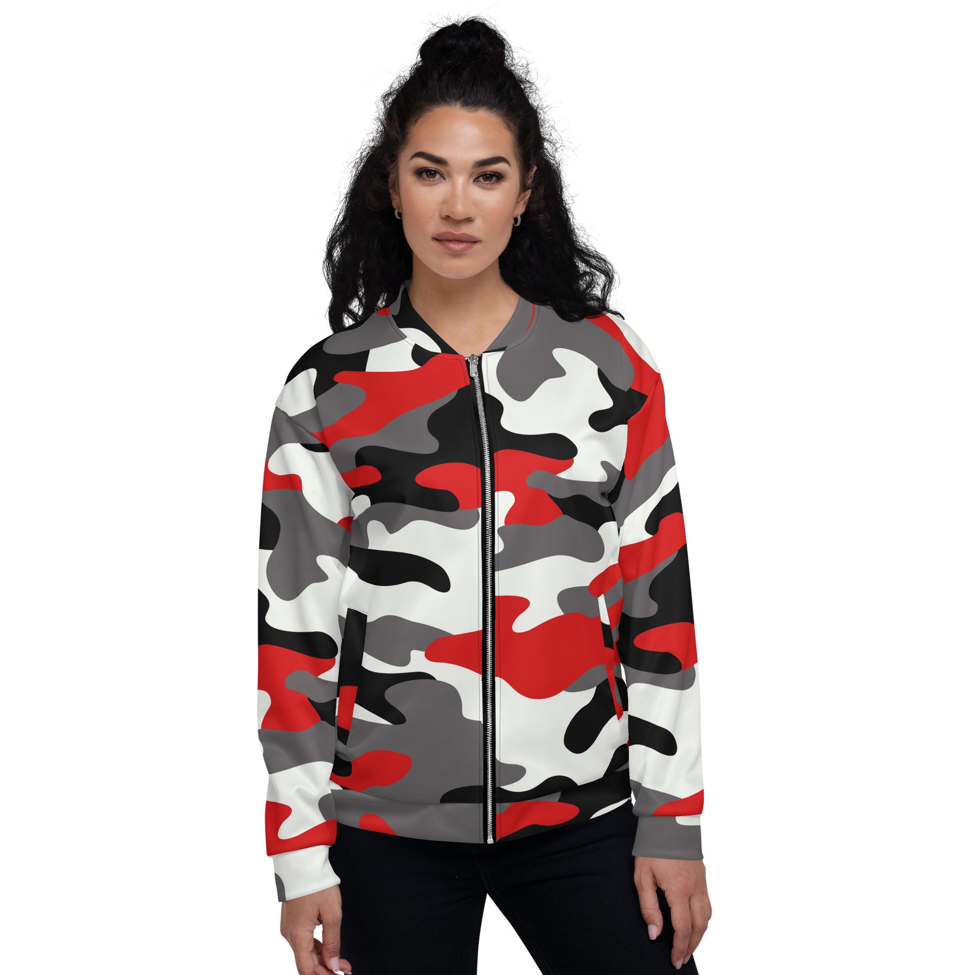 Camo Bomber Jacket | Unisex | Red, Black, and White Camo Colors