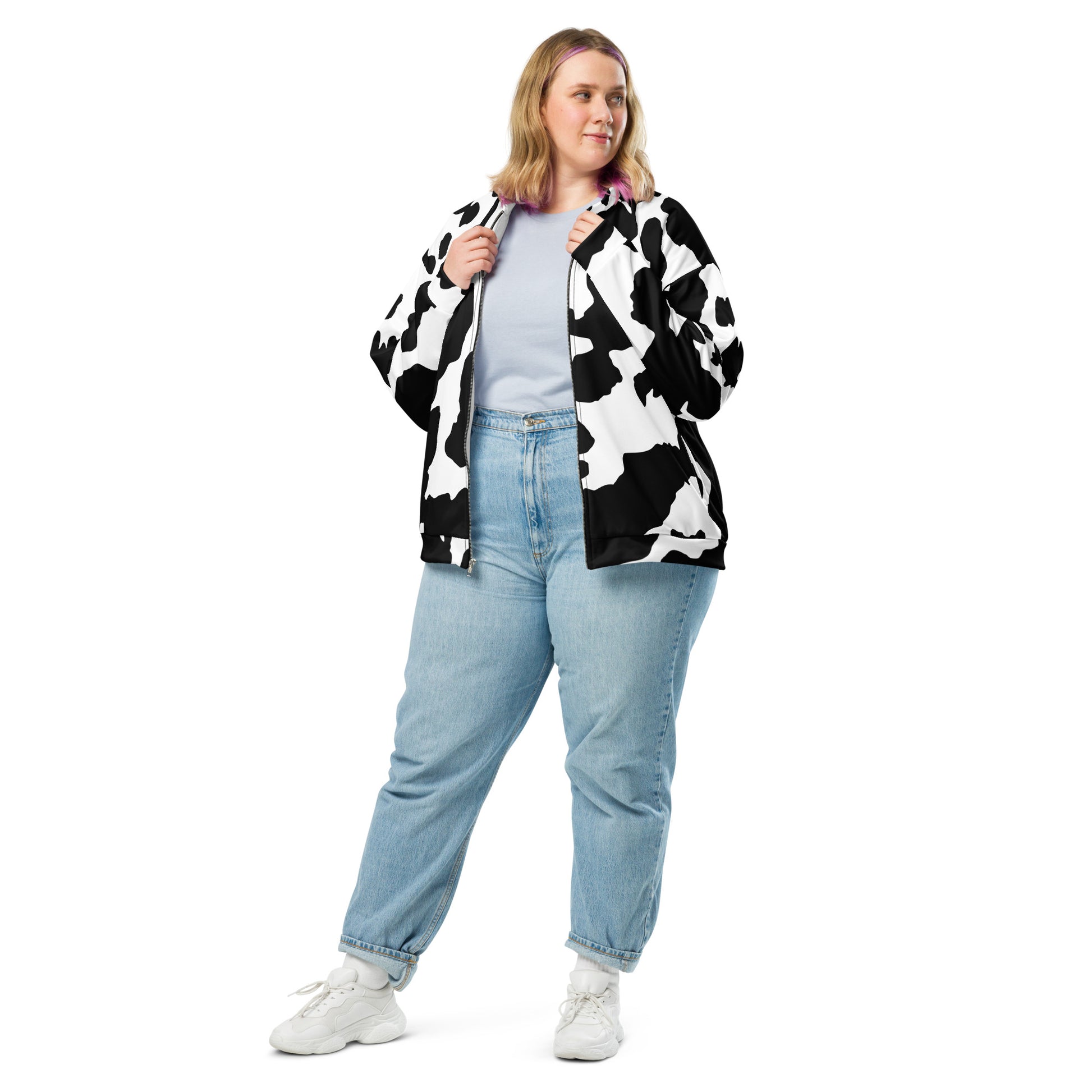 Camo Bomber Jacket | Unisex | Black & White Cow Camouflage Camo Colors