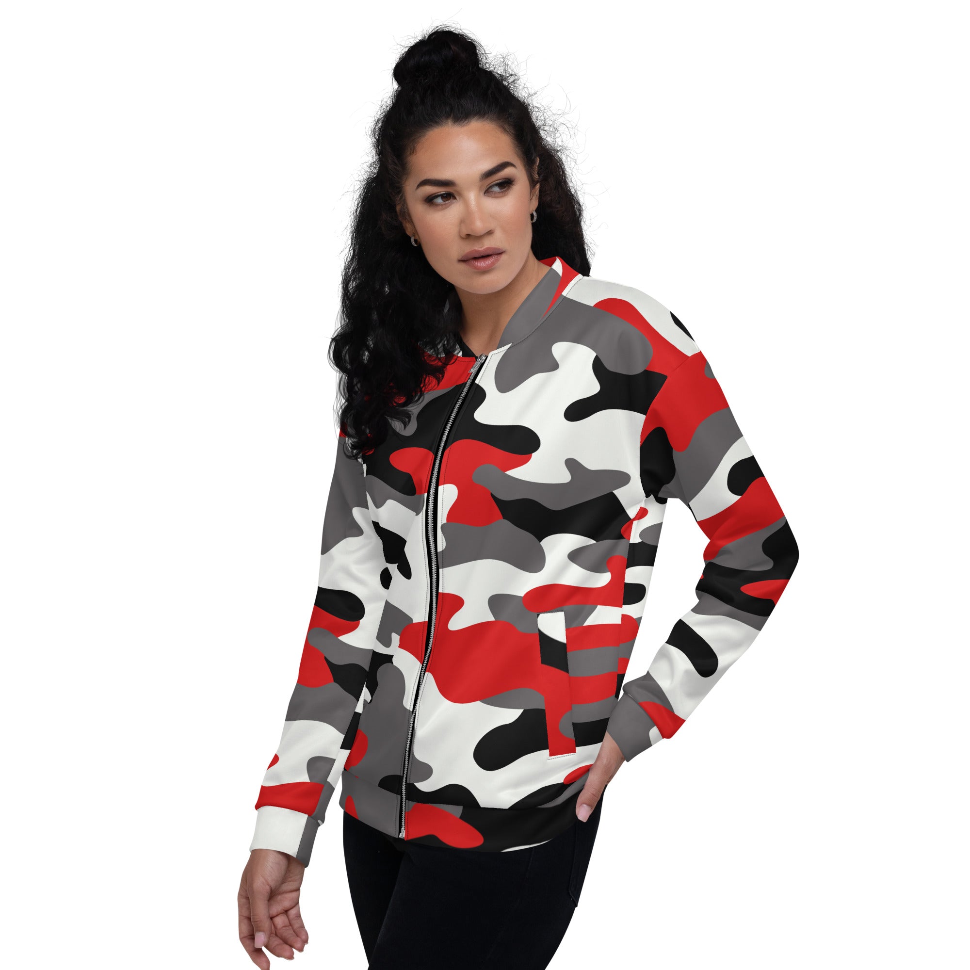 Camo Bomber Jacket | Unisex | Red, Black, and White Camo Colors