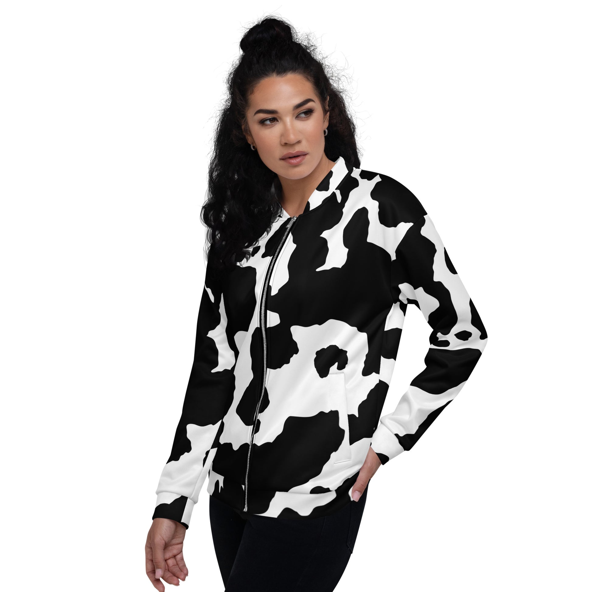 Camo Bomber Jacket | Unisex | Black & White Cow Camouflage Camo Colors