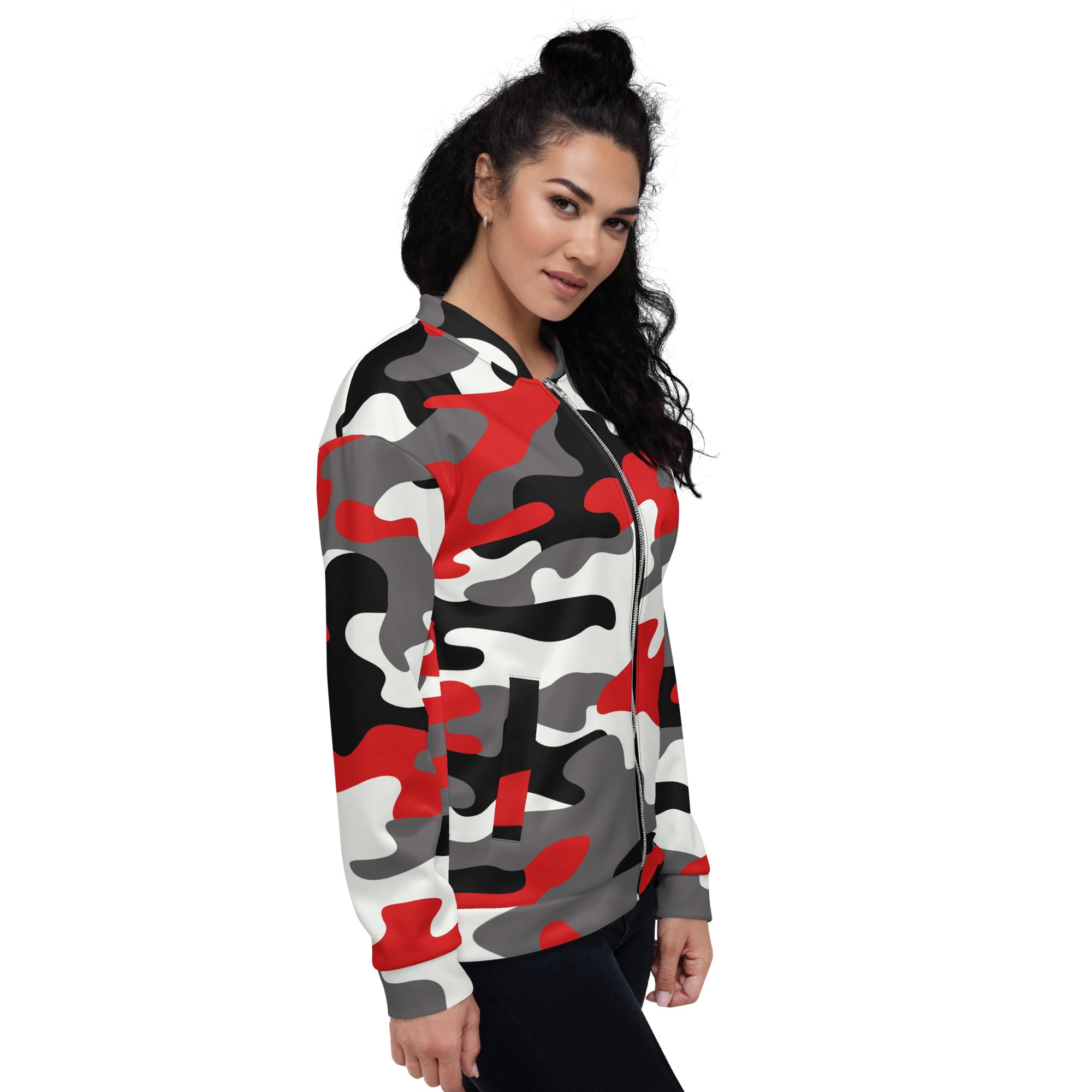 Camo Bomber Jacket | Unisex | Red, Black, and White Camo Colors