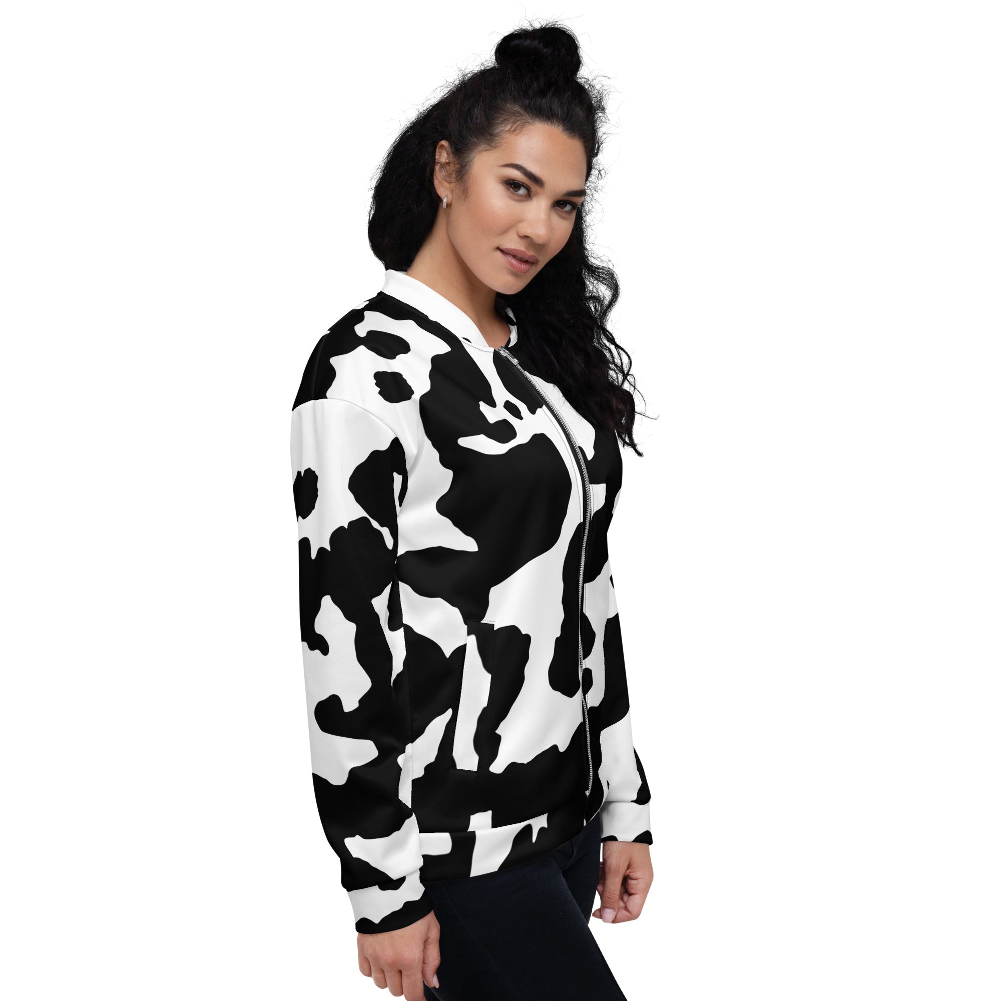 Camo Bomber Jacket | Unisex | Black & White Cow Camouflage Camo Colors