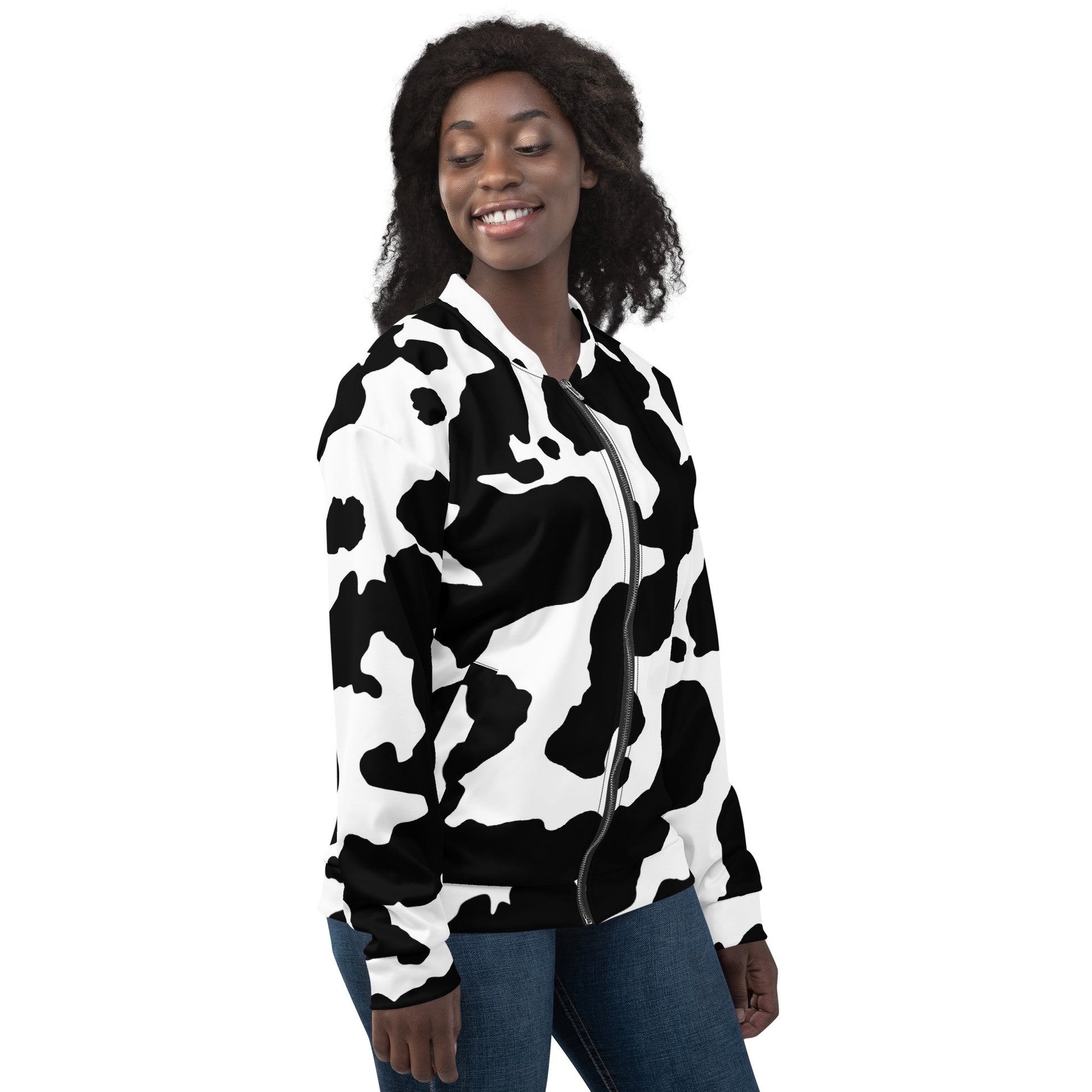 Camo Bomber Jacket | Unisex | Black & White Cow Camouflage Camo Colors