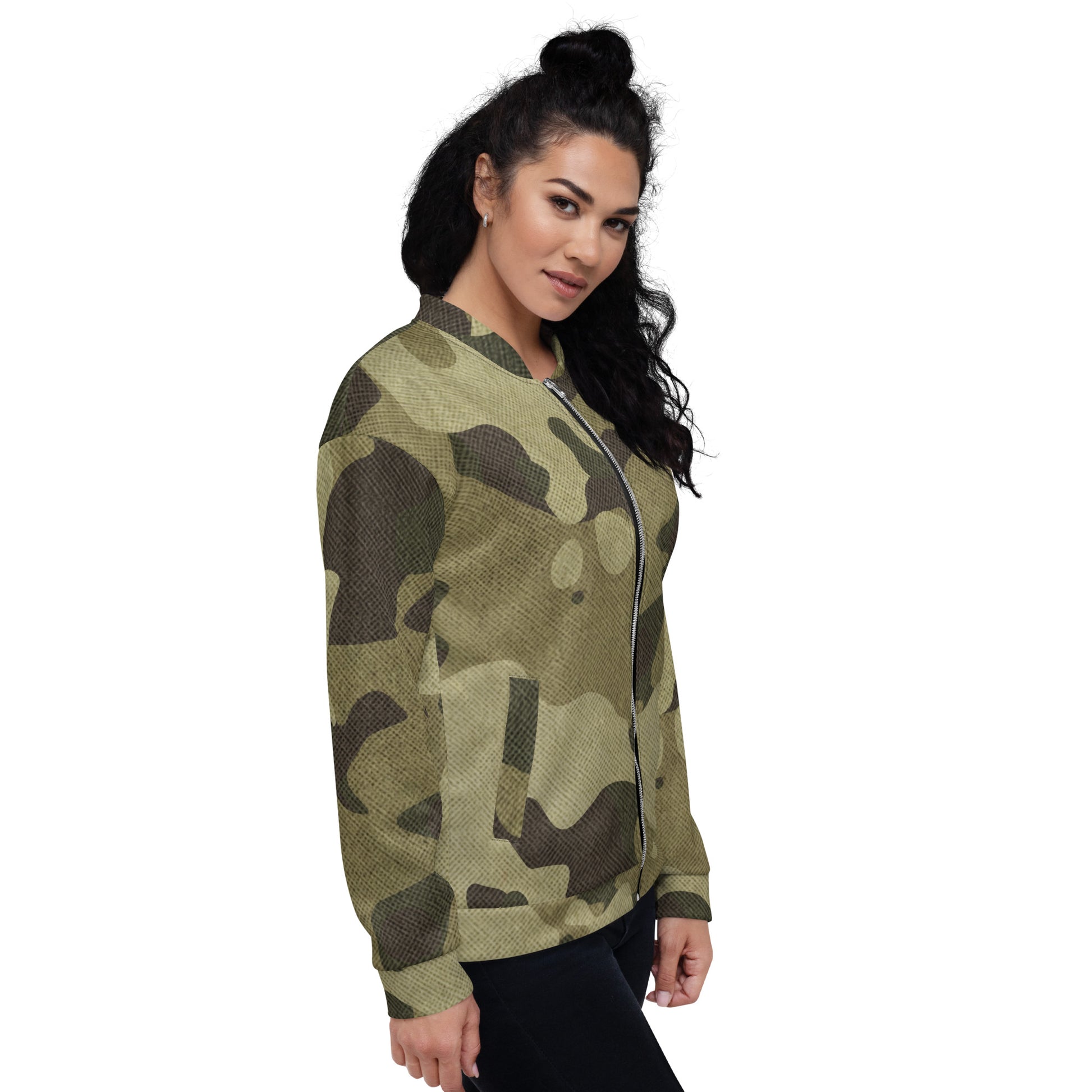 Camo Bomber Jacket | Unisex | Green Fabric Camouflage Camo Colors