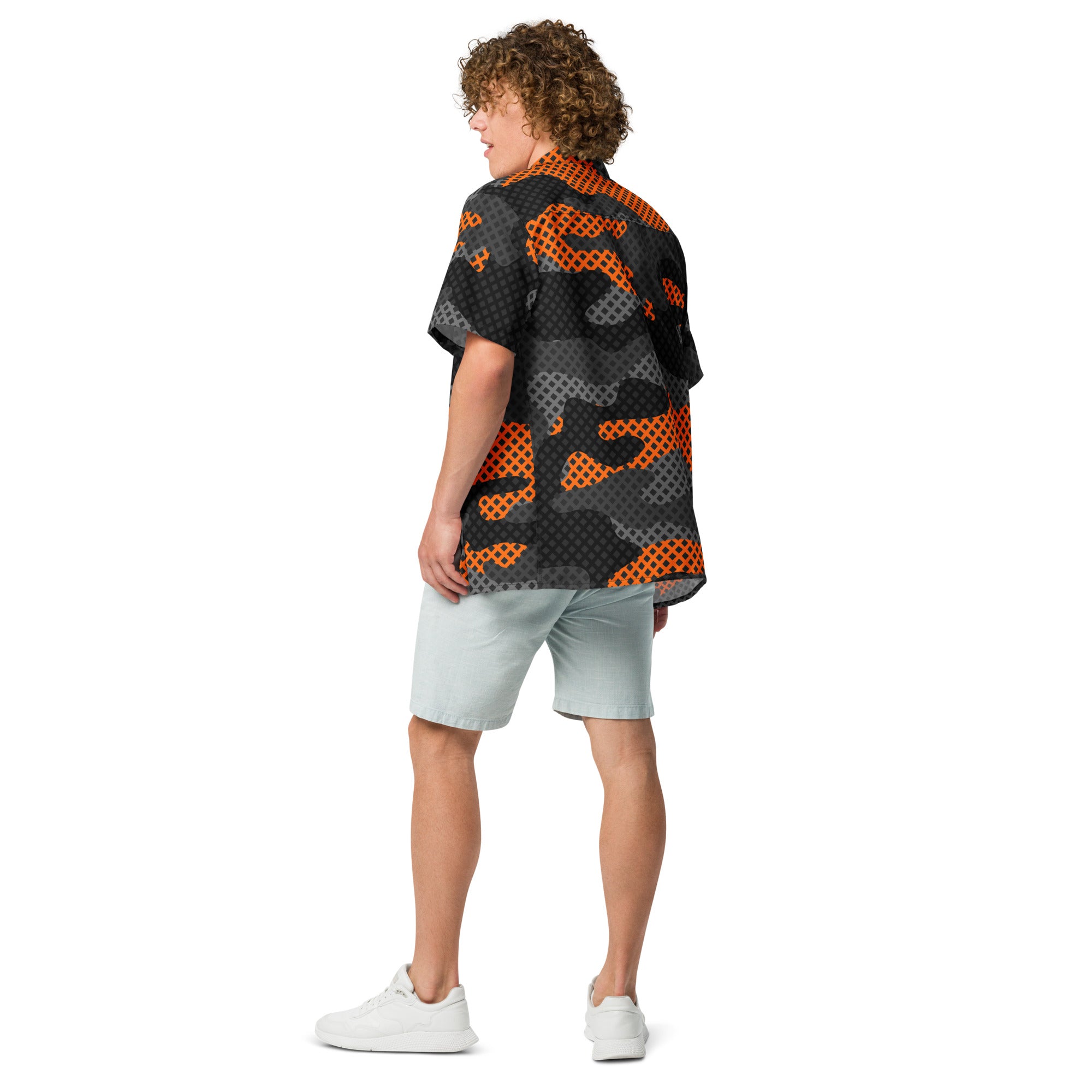 Camo Button Up Shirt | Black & Orange Pixel Camouflage Camo Colors