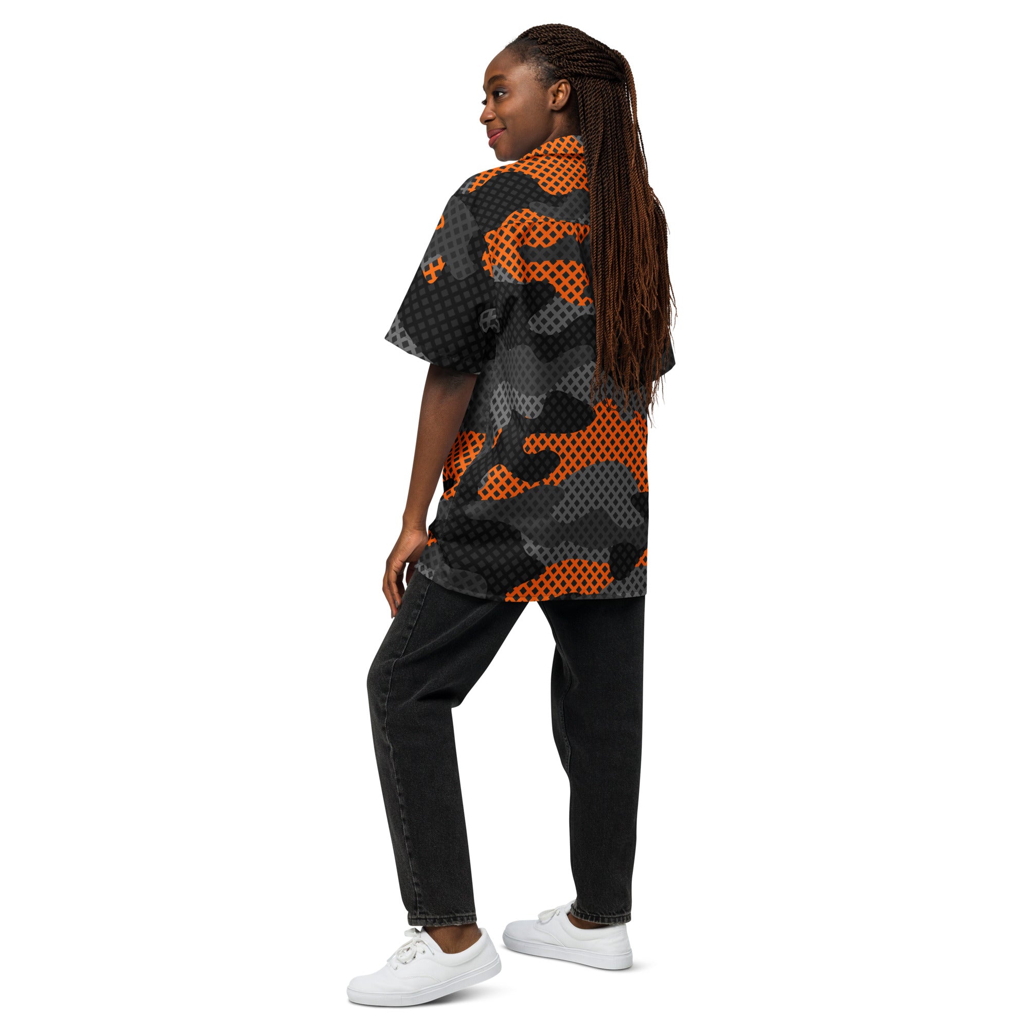 Camo Button Up Shirt | Black & Orange Pixel Camouflage Camo Colors