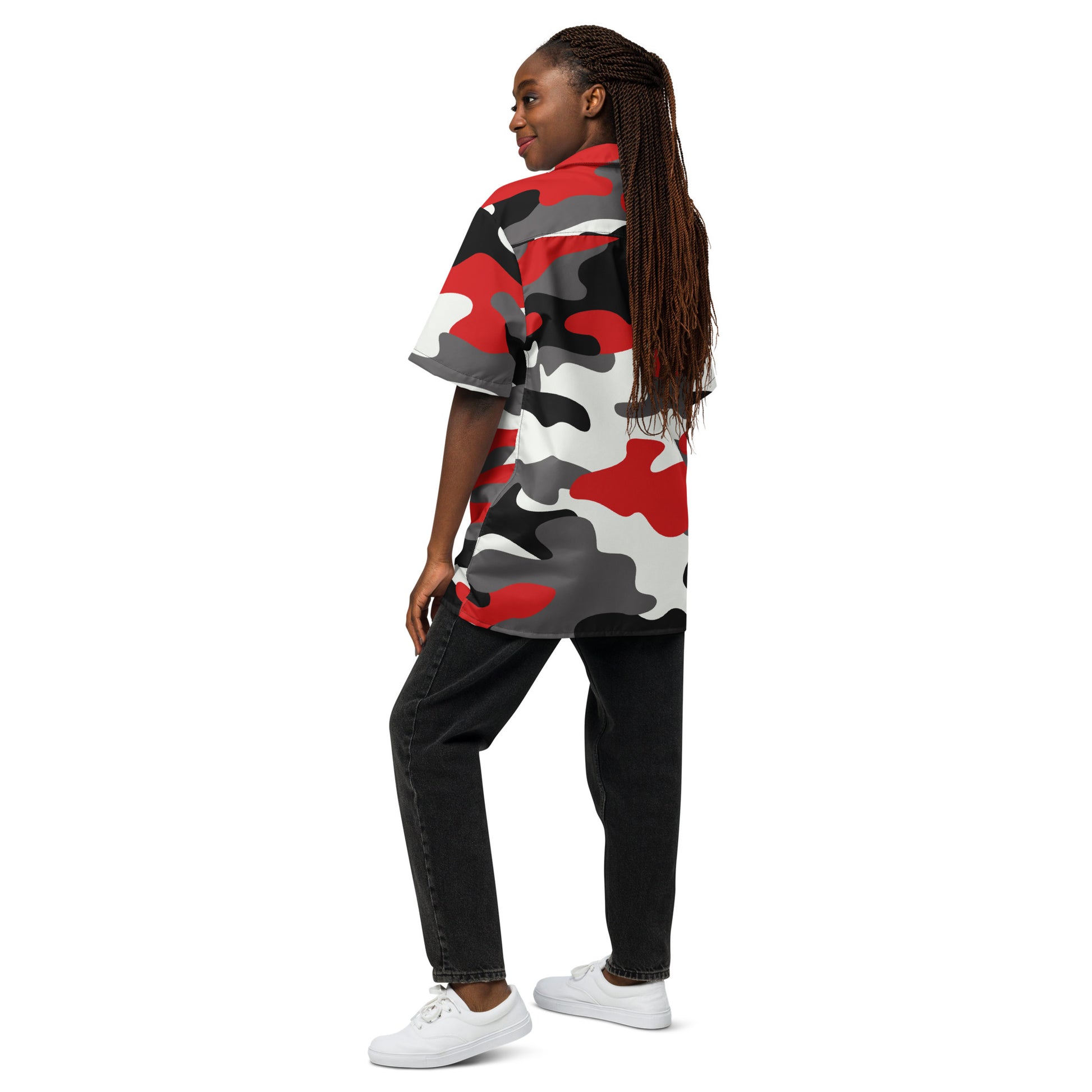 Button Up Shirt | OVERSIZED FIT | Red, Black, and White Camouflage Camo Colors