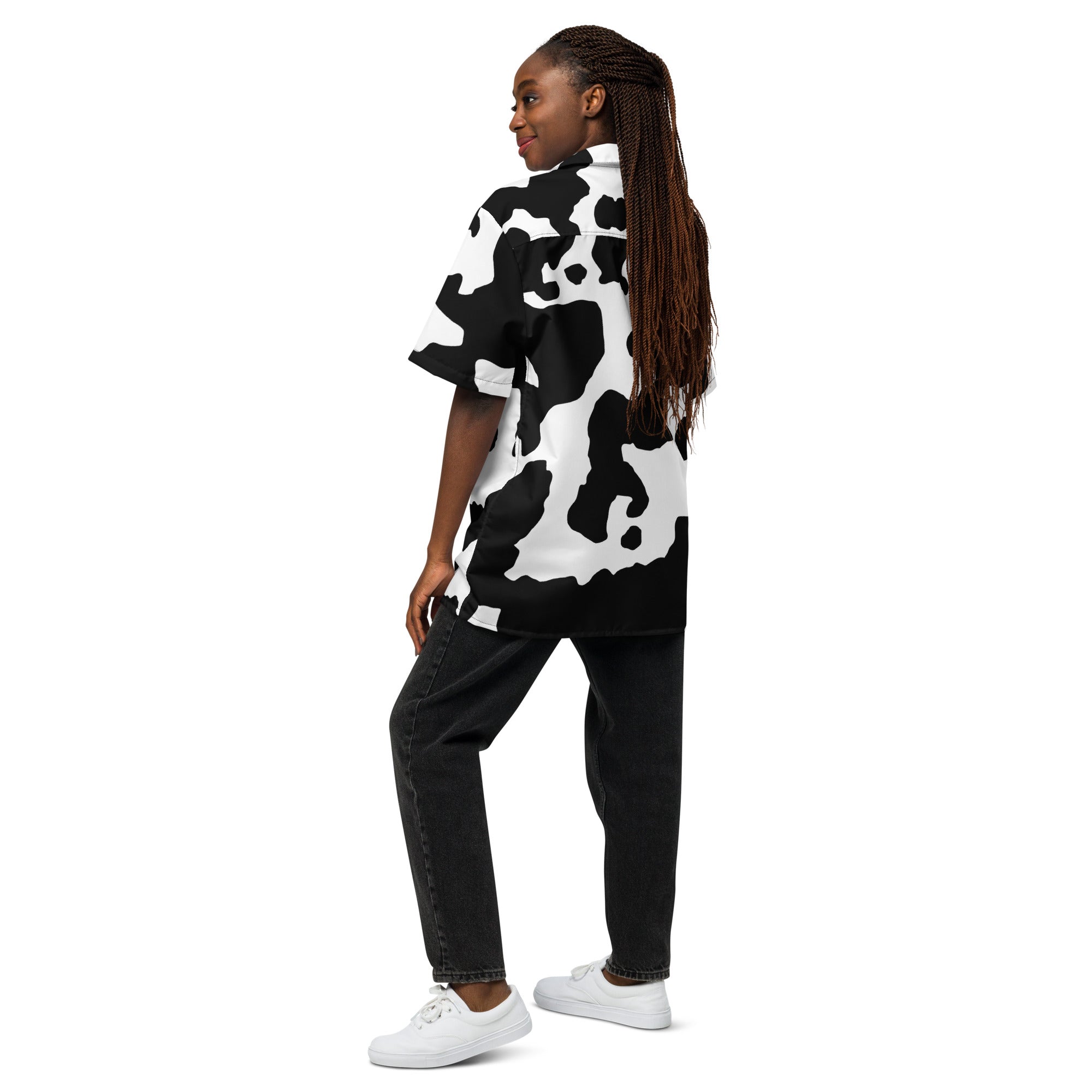 Camo Button Up Shirt | OVERSIZED FIT | Black & White Cow Print Camo Colors