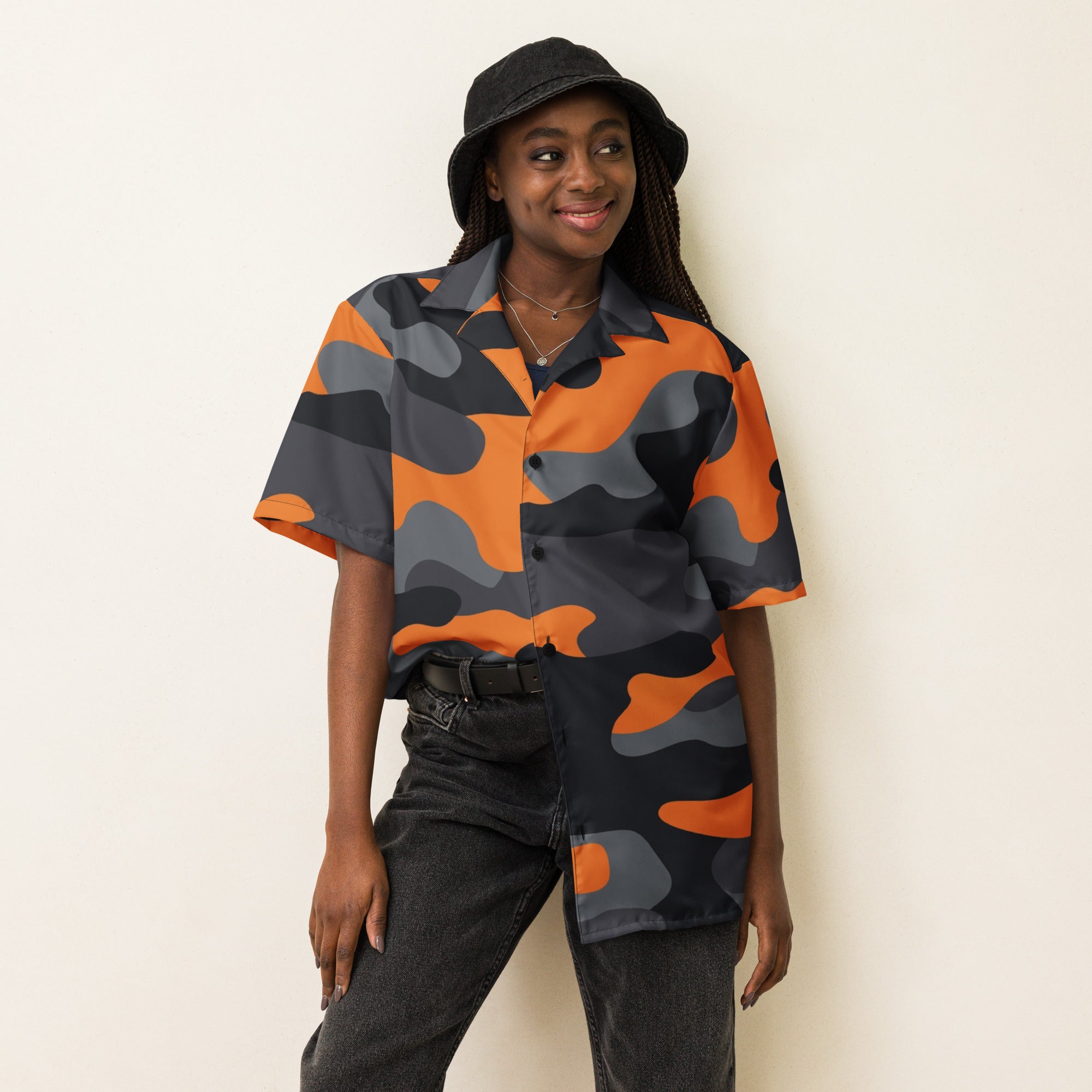 Camo Button Up Shirt | Orange, Black & Gray Camouflage Camo Colors