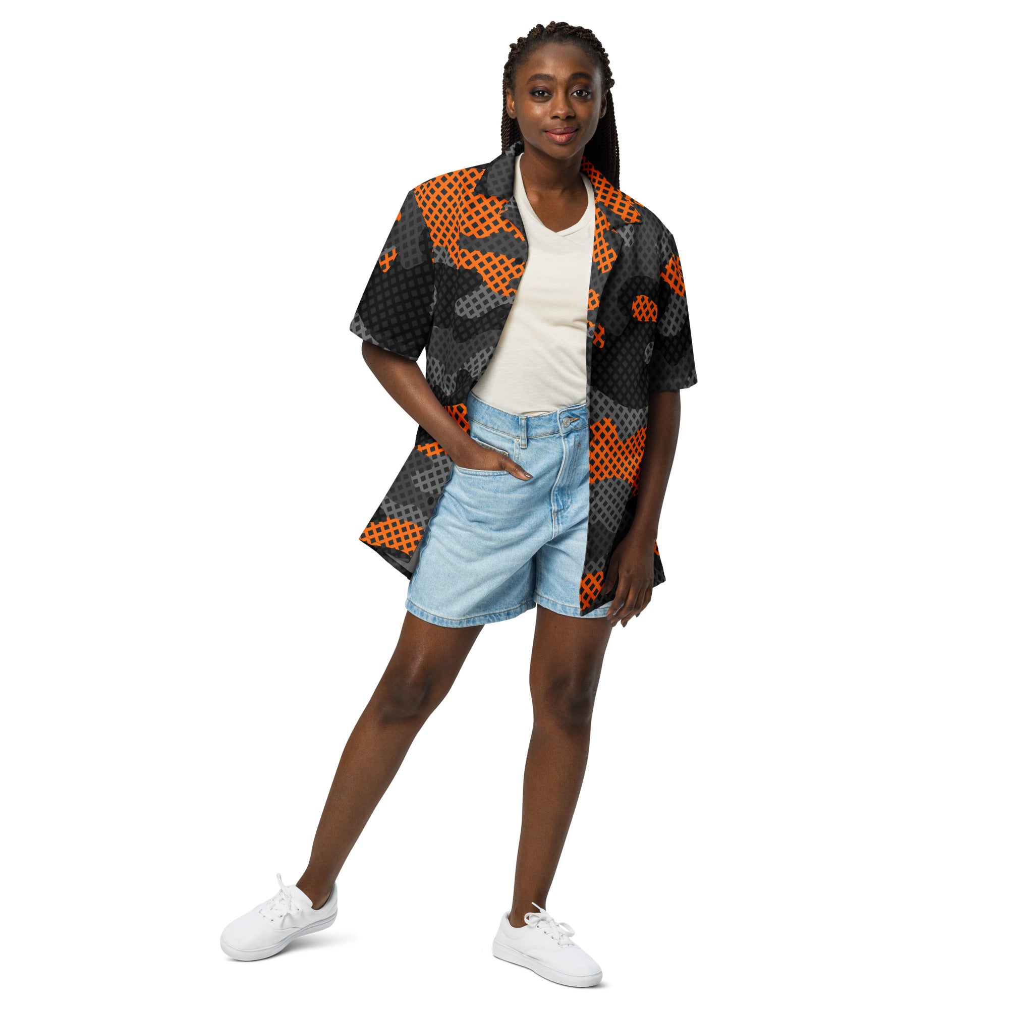 Camo Button Up Shirt | Black & Orange Pixel Camouflage Camo Colors