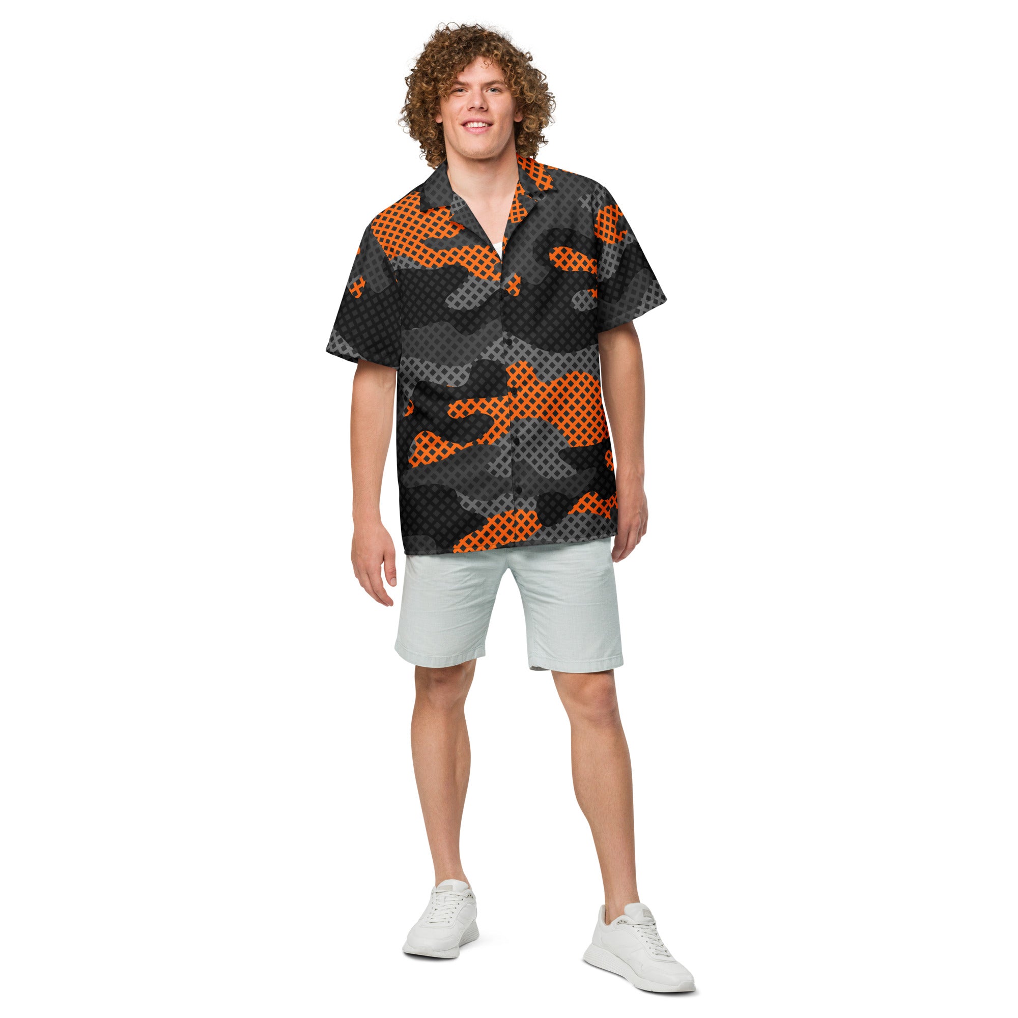 Camo Button Up Shirt | Black & Orange Pixel Camouflage Camo Colors