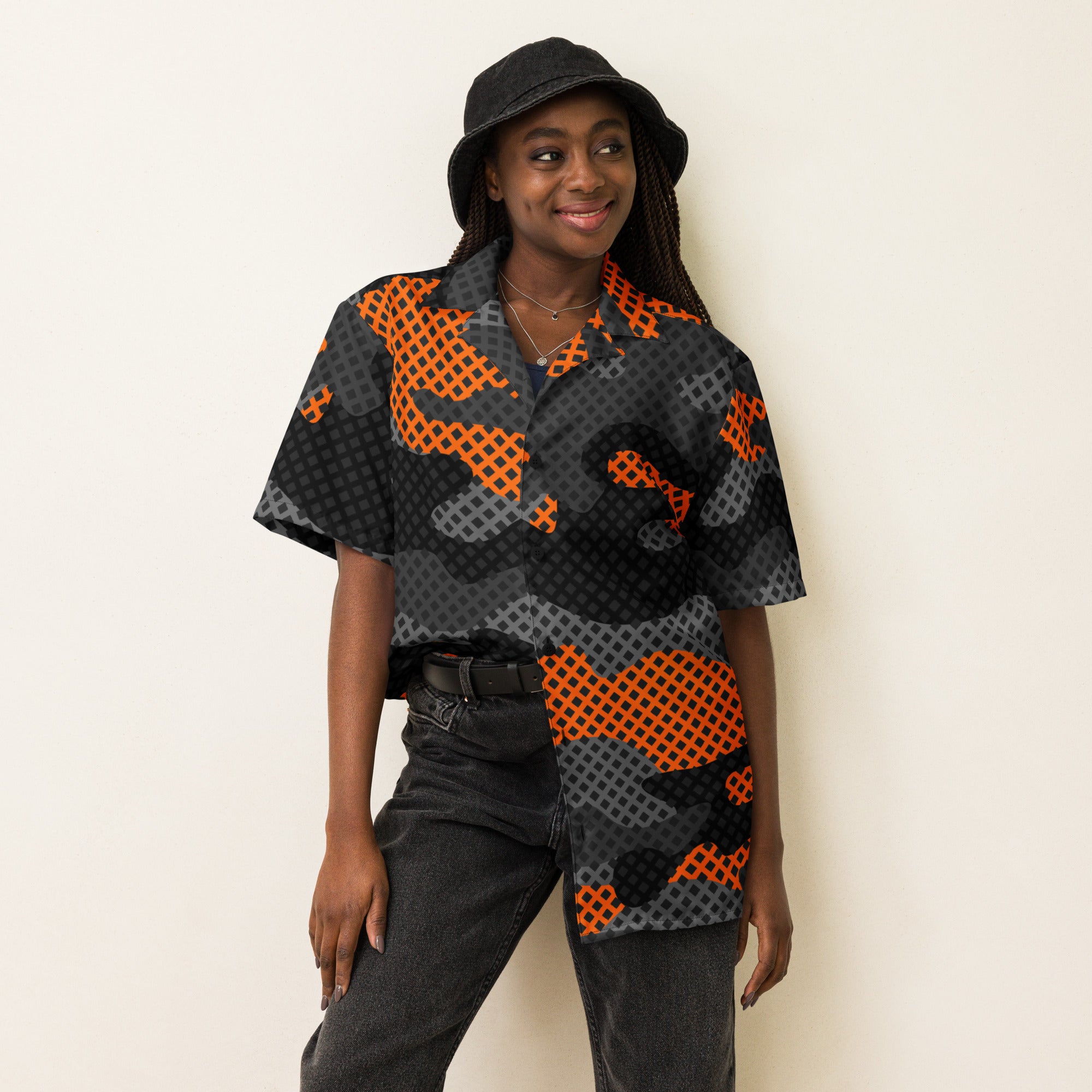Camo Button Up Shirt | Black & Orange Pixel Camouflage Camo Colors