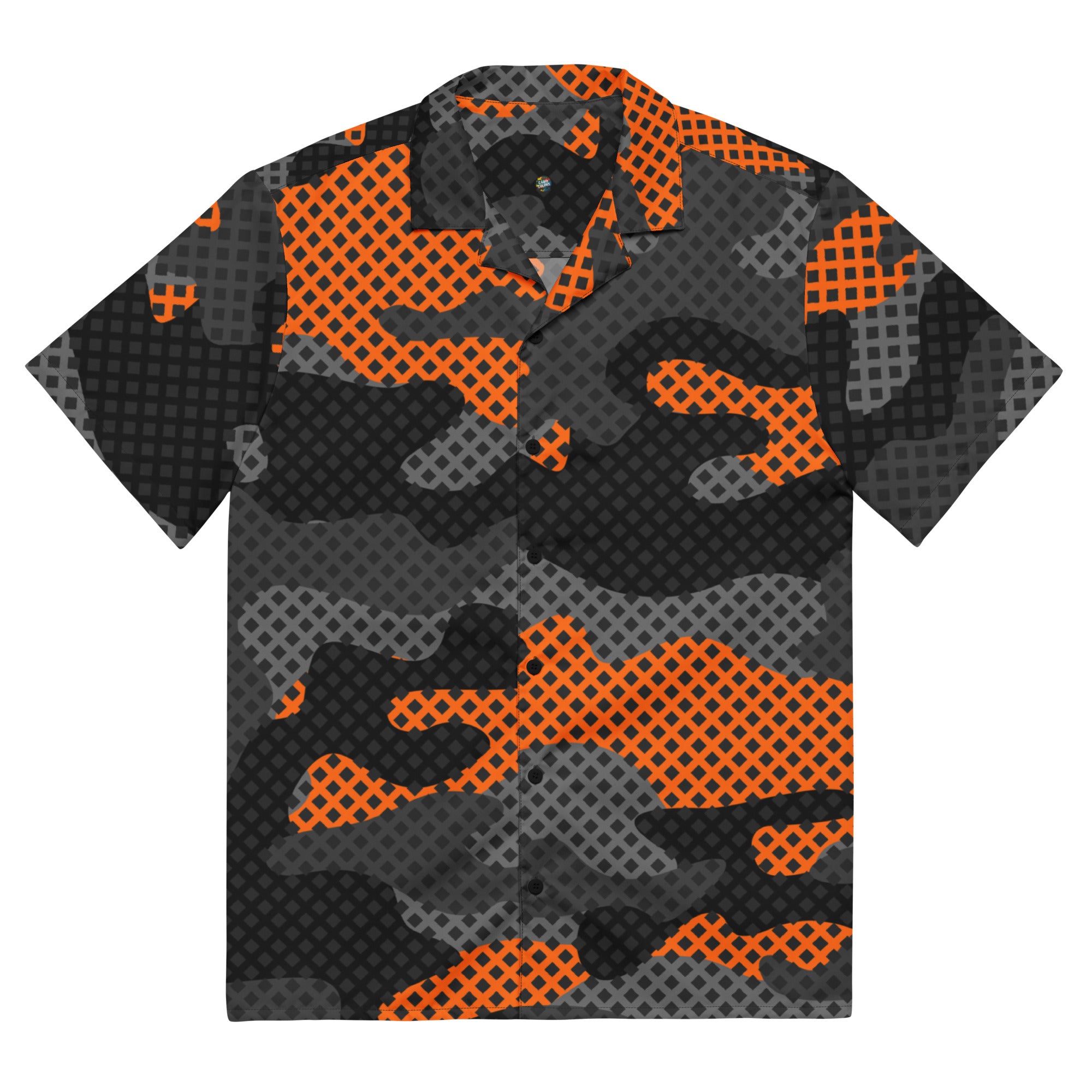 Camo Button Up Shirt | Black & Orange Pixel Camouflage Camo Colors
