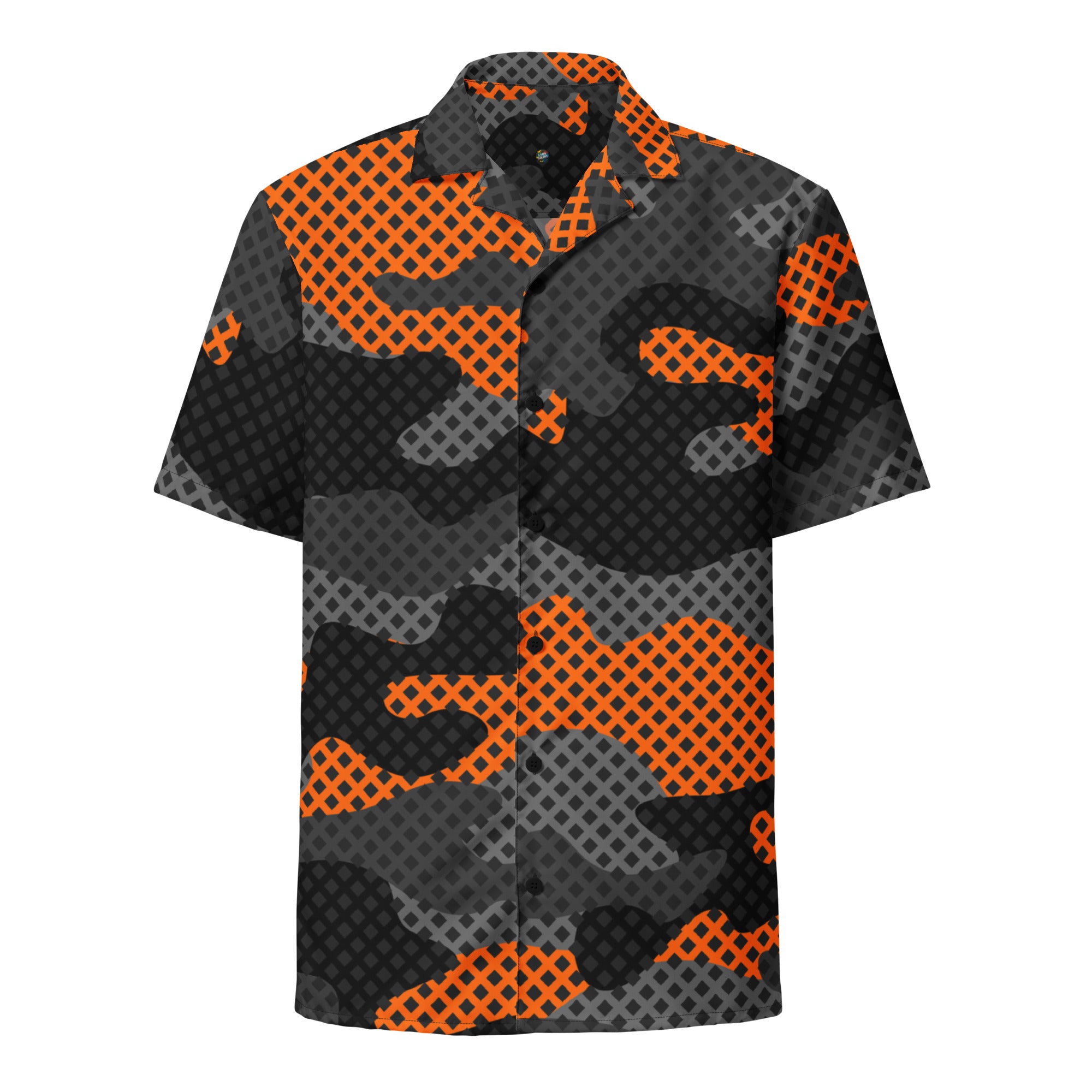 Camo Button Up Shirt | Black & Orange Pixel Camouflage Camo Colors