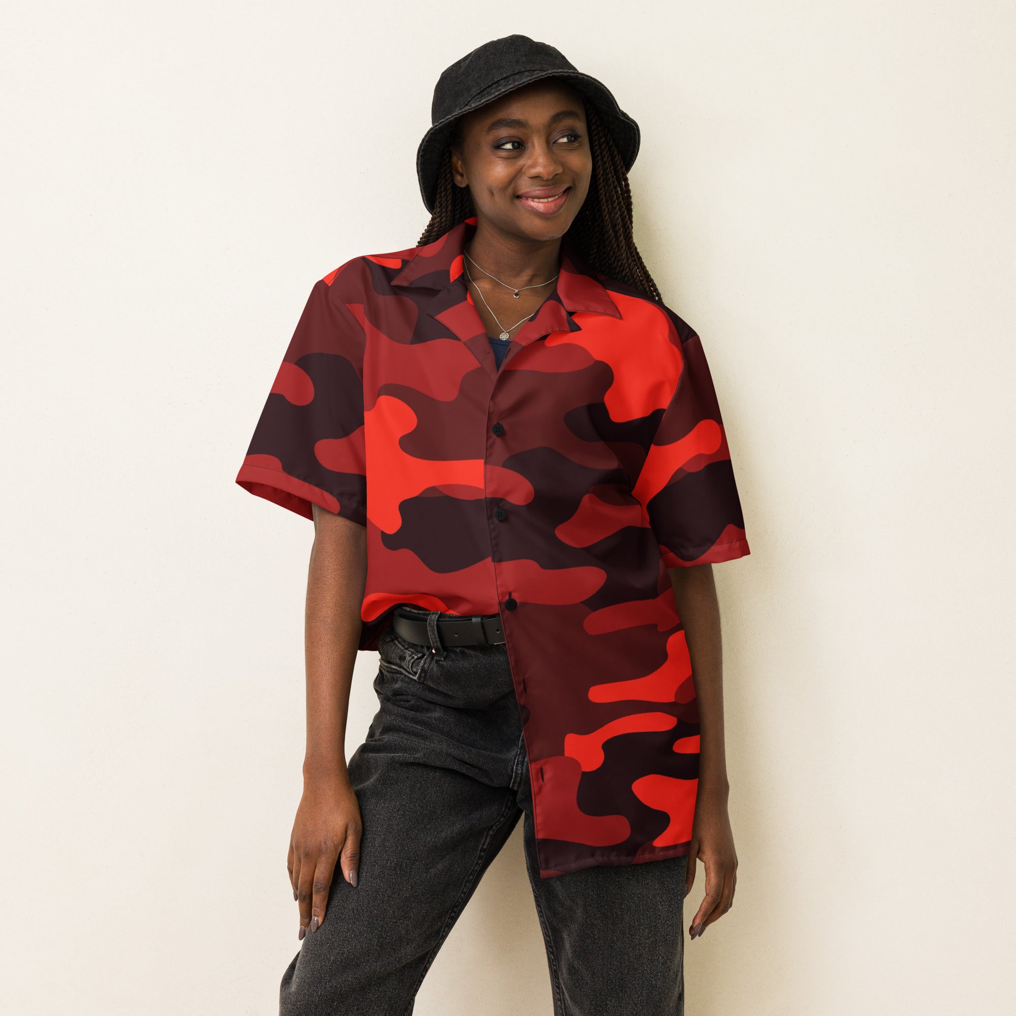 Button Up Shirt | OVERSIZED FIT | Scarlet Red & Black Camo Camo Colors