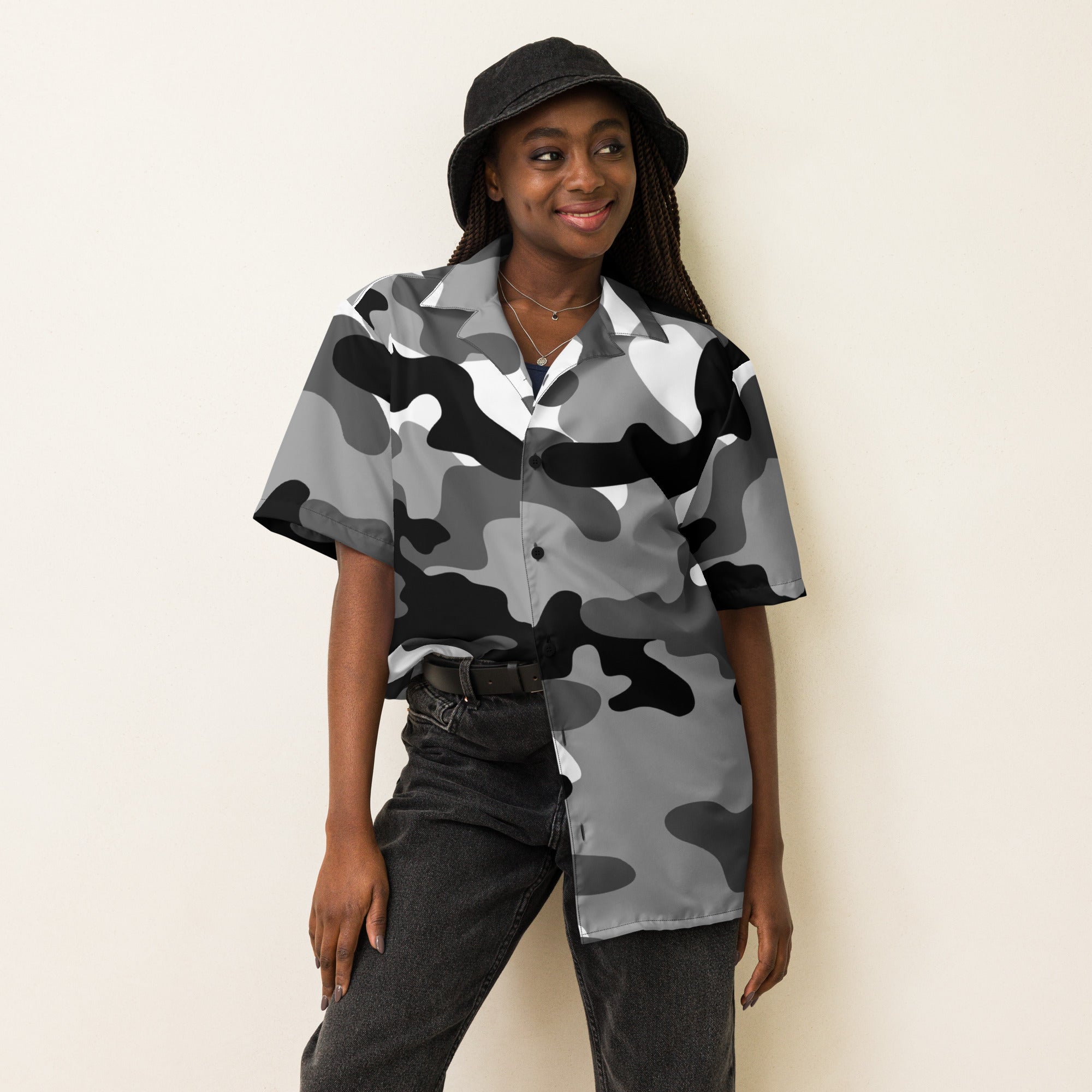 Button Up Shirt | OVERSIZED FIT | Black, White & Gray Camo Camo Colors