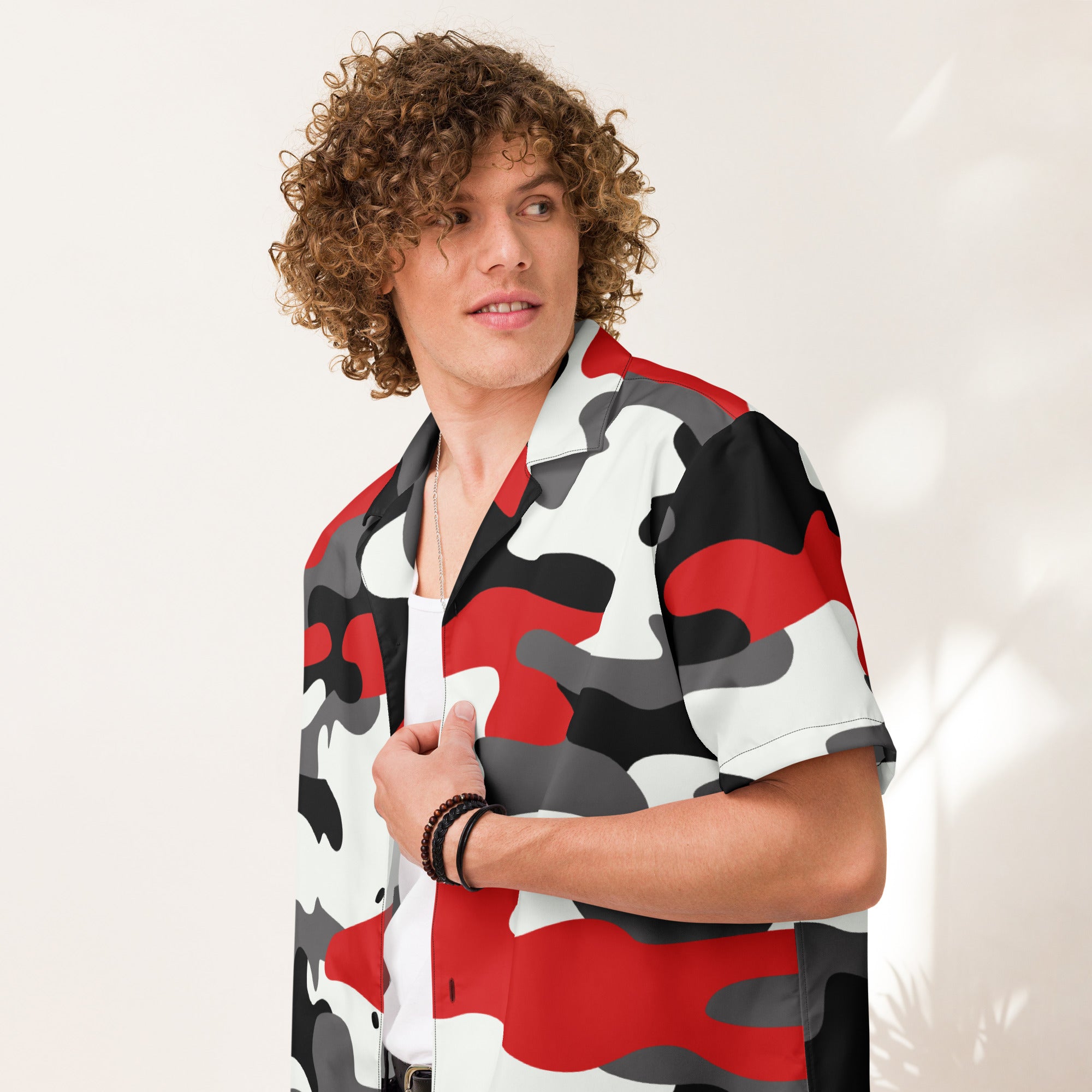 Button Up Shirt | OVERSIZED FIT | Red, Black, and White Camouflage Camo Colors
