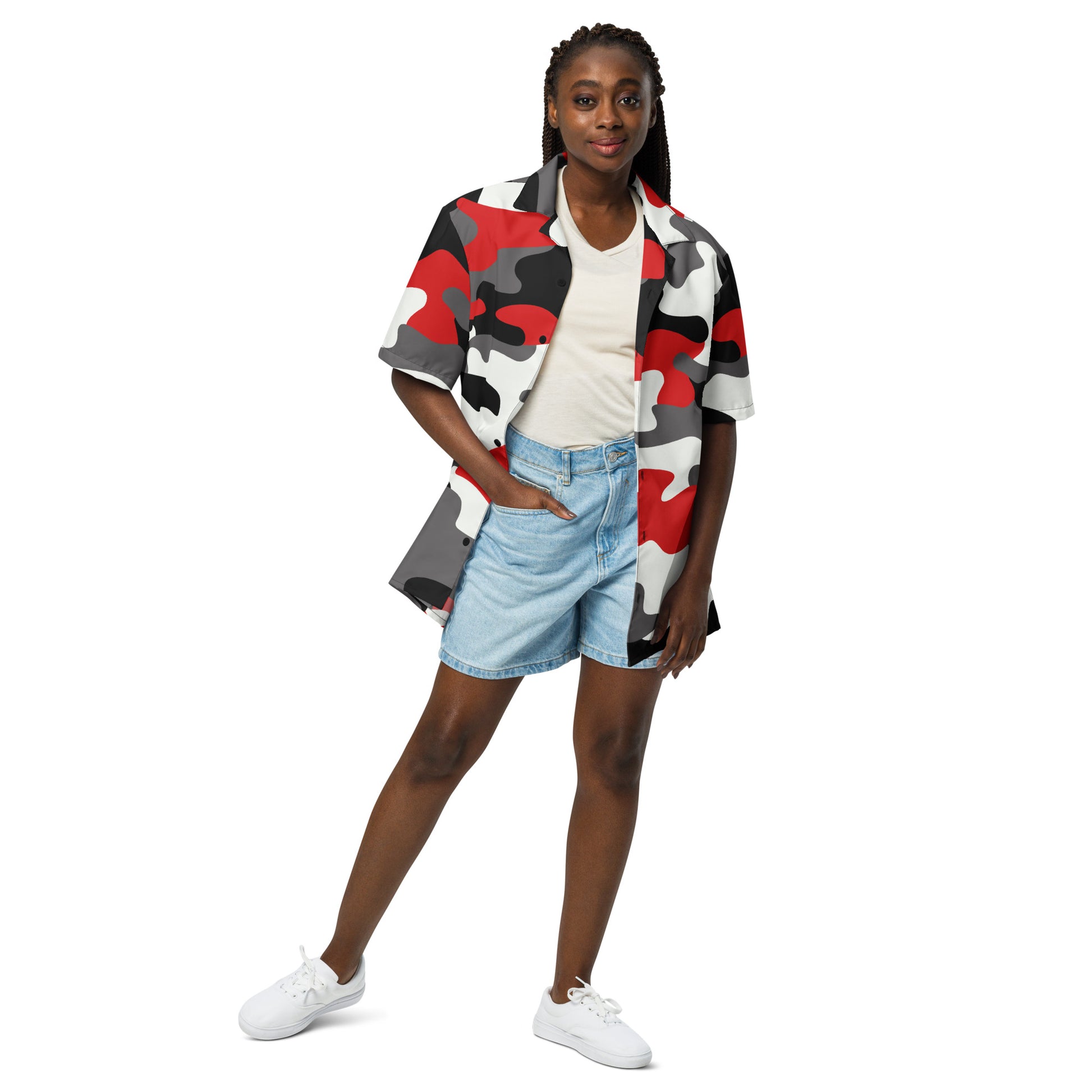 Button Up Shirt | OVERSIZED FIT | Red, Black, and White Camouflage Camo Colors