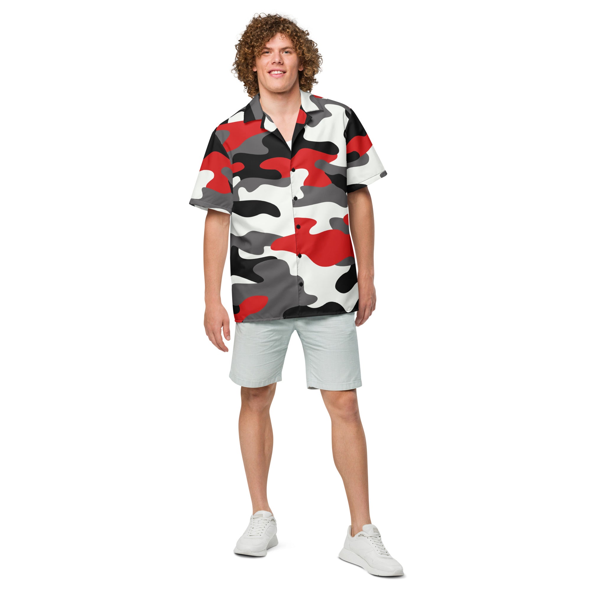 Button Up Shirt | OVERSIZED FIT | Red, Black, and White Camouflage Camo Colors