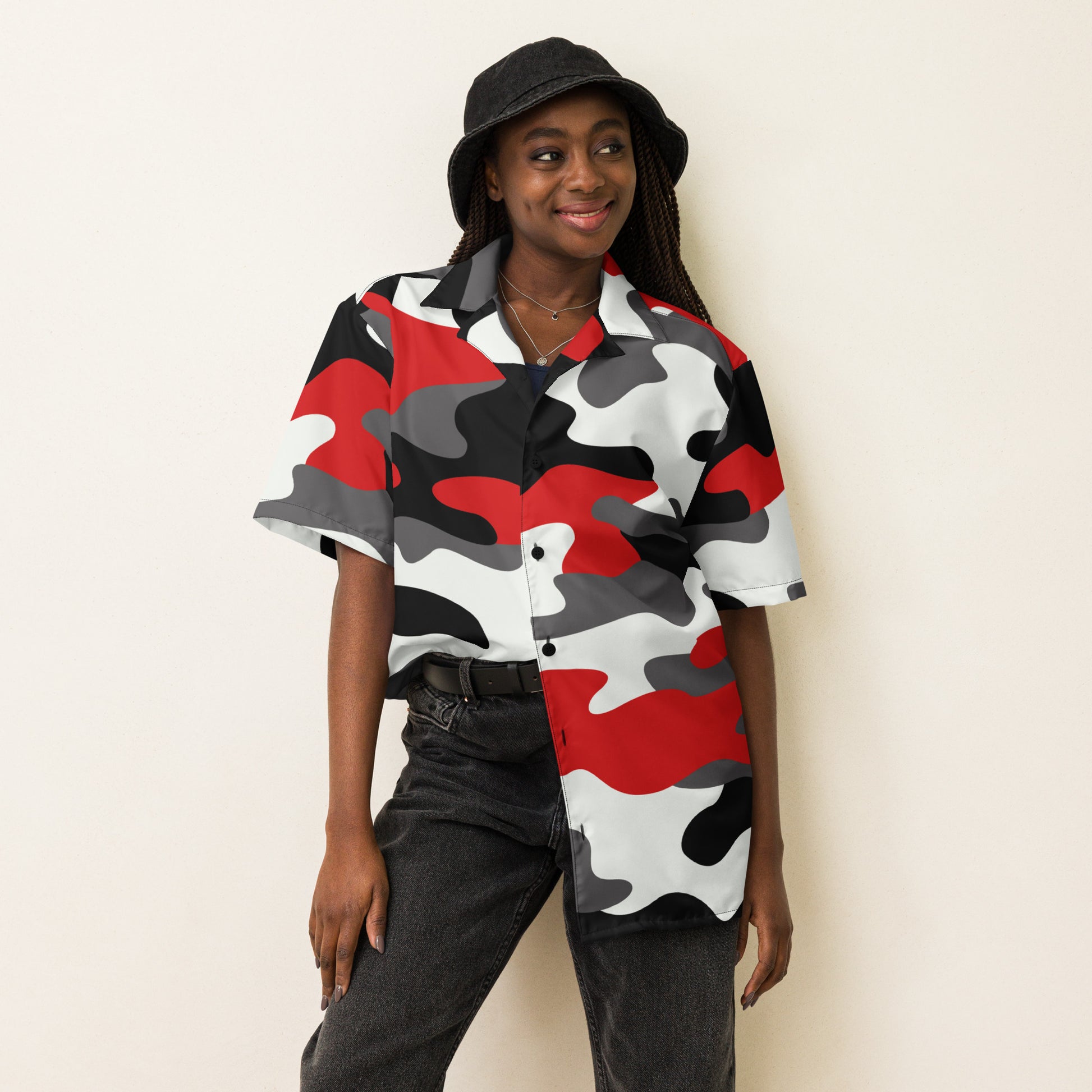 Button Up Shirt | OVERSIZED FIT | Red, Black, and White Camouflage Camo Colors