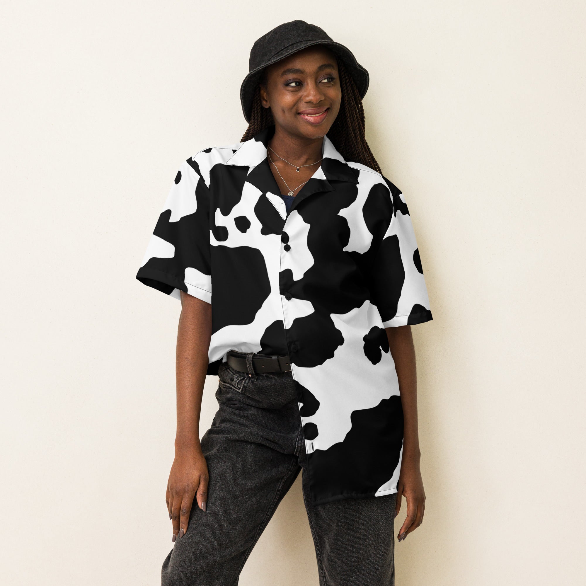 Camo Button Up Shirt | OVERSIZED FIT | Black & White Cow Print Camo Colors