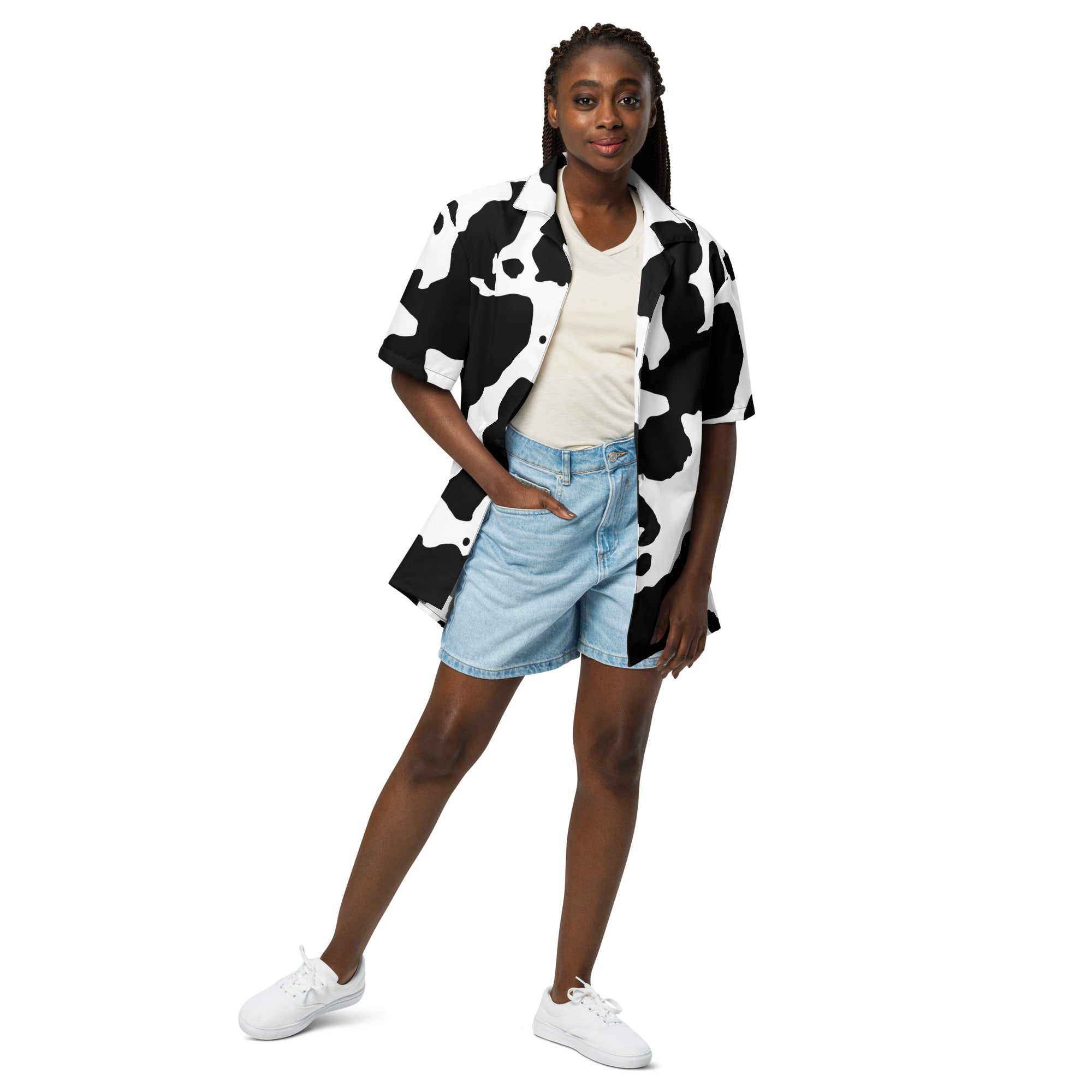 Camo Button Up Shirt | OVERSIZED FIT | Black & White Cow Print Camo Colors