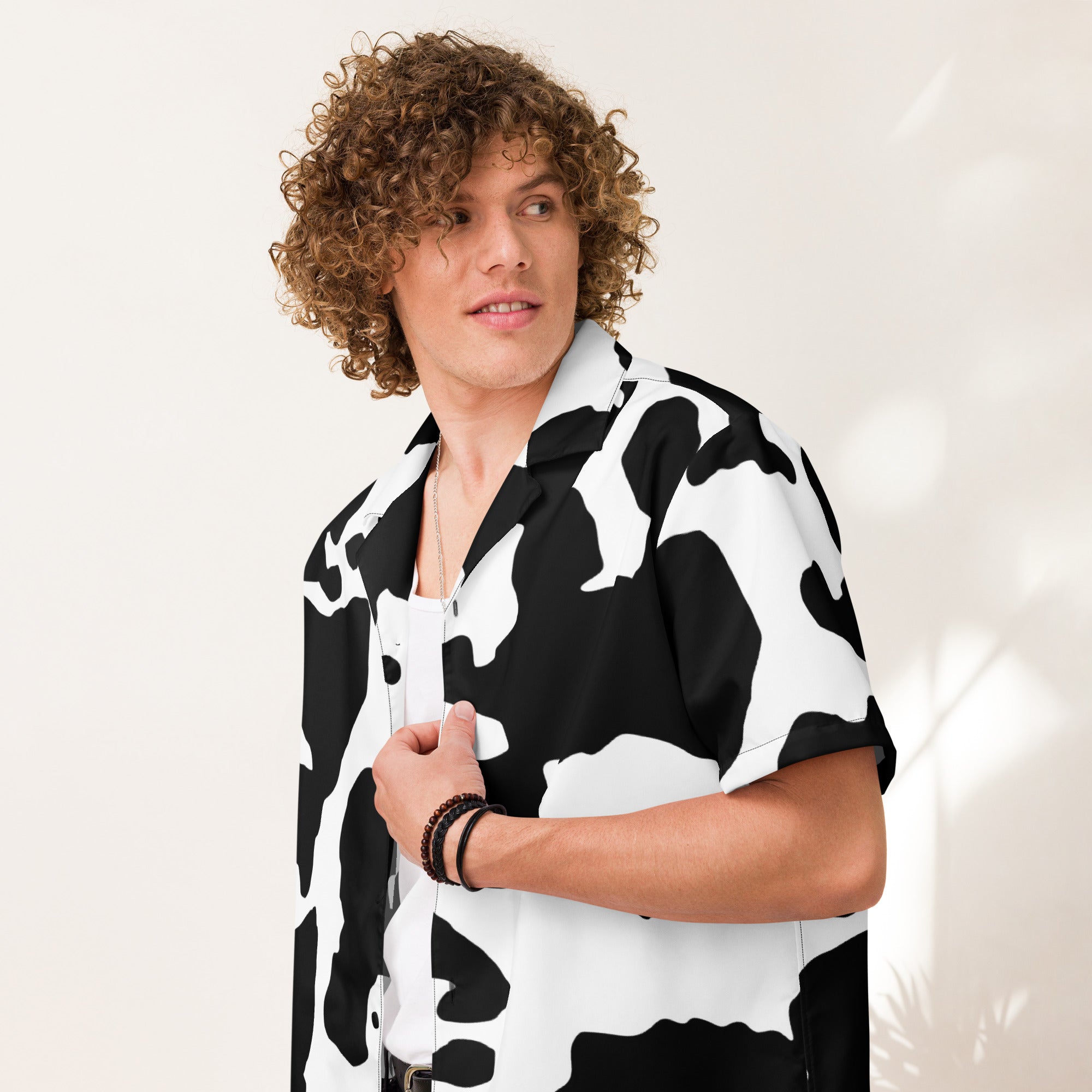 Camo Button Up Shirt | OVERSIZED FIT | Black & White Cow Print Camo Colors