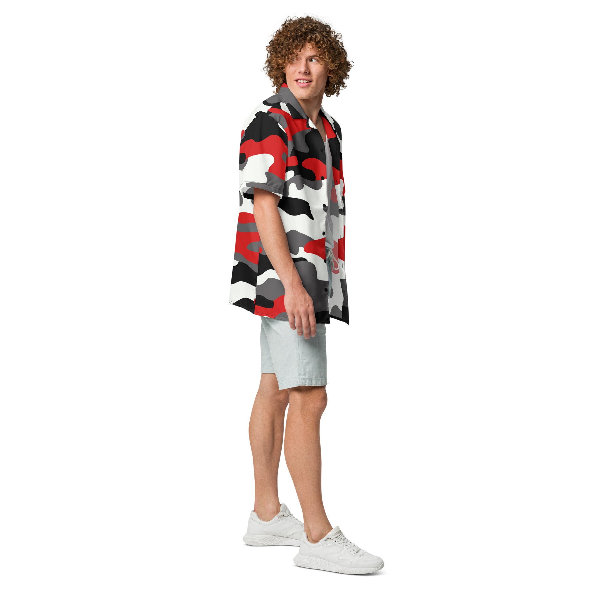 Button Up Shirt | OVERSIZED FIT | Red, Black, and White Camouflage Camo Colors