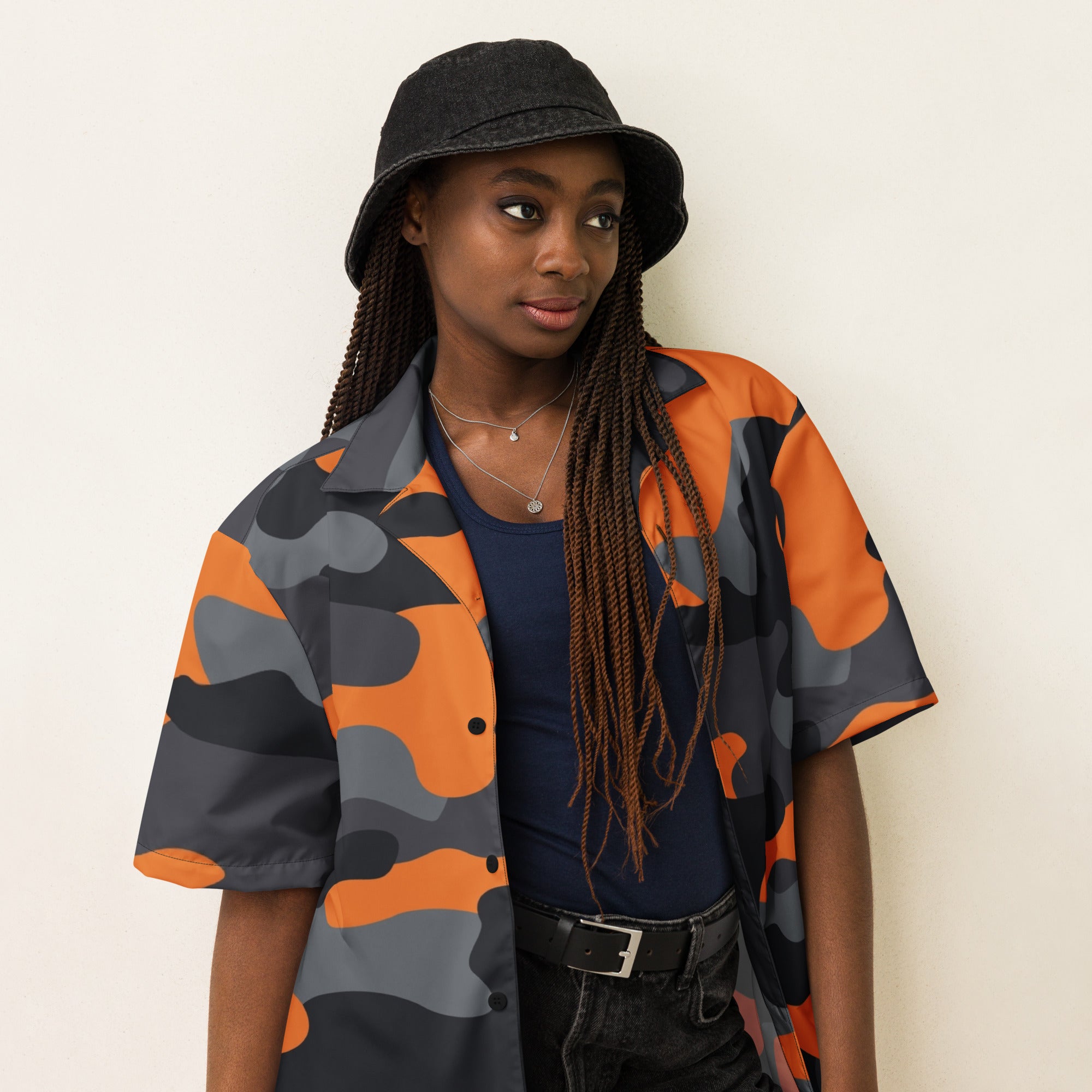 Camo Button Up Shirt | Orange, Black & Gray Camouflage Camo Colors