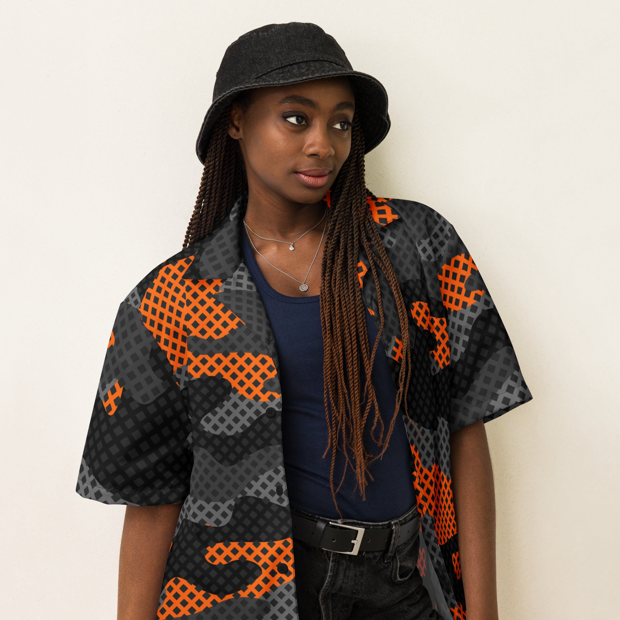 Camo Button Up Shirt | Black & Orange Pixel Camouflage Camo Colors