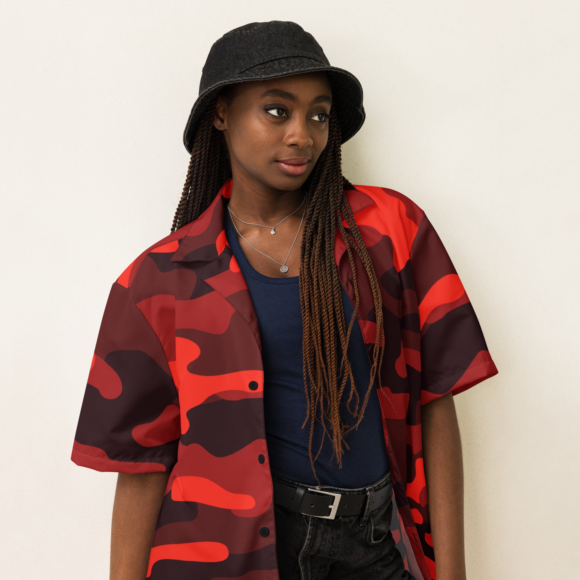 Button Up Shirt | OVERSIZED FIT | Scarlet Red & Black Camo Camo Colors