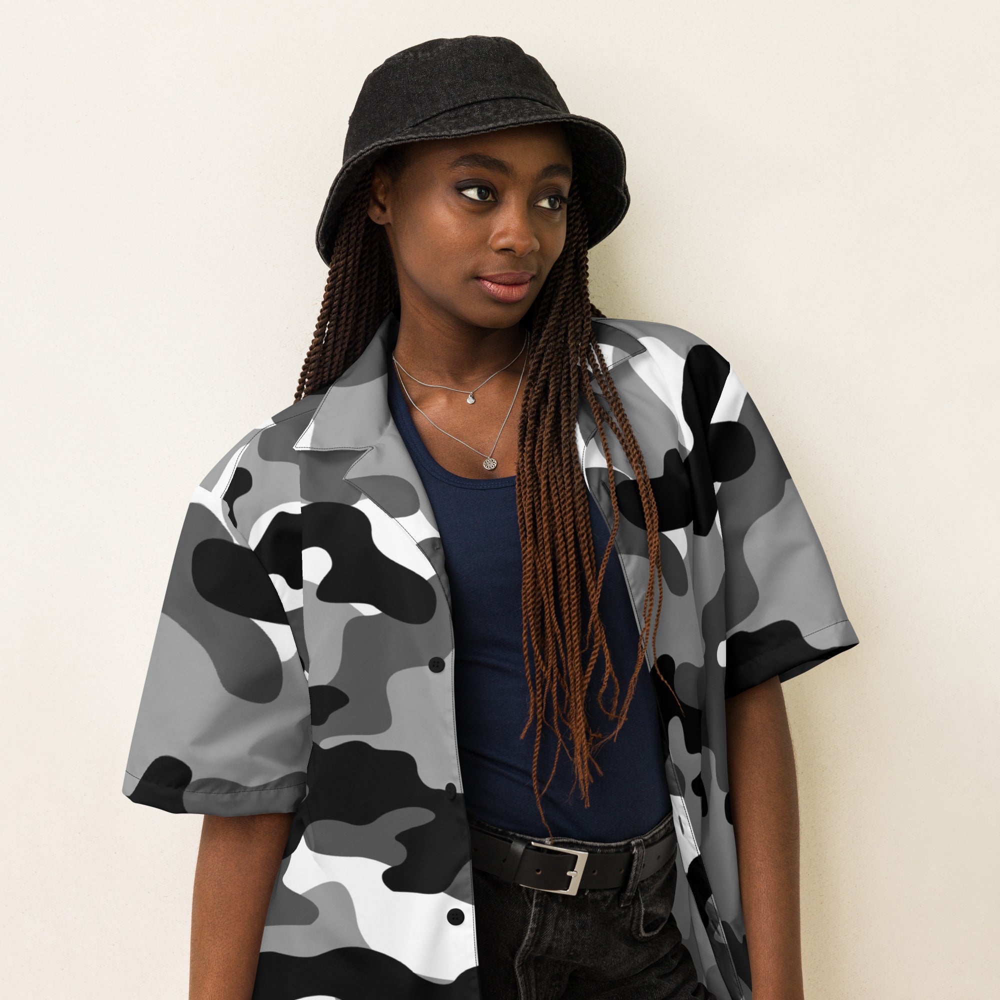 Button Up Shirt | OVERSIZED FIT | Black, White & Gray Camo Camo Colors