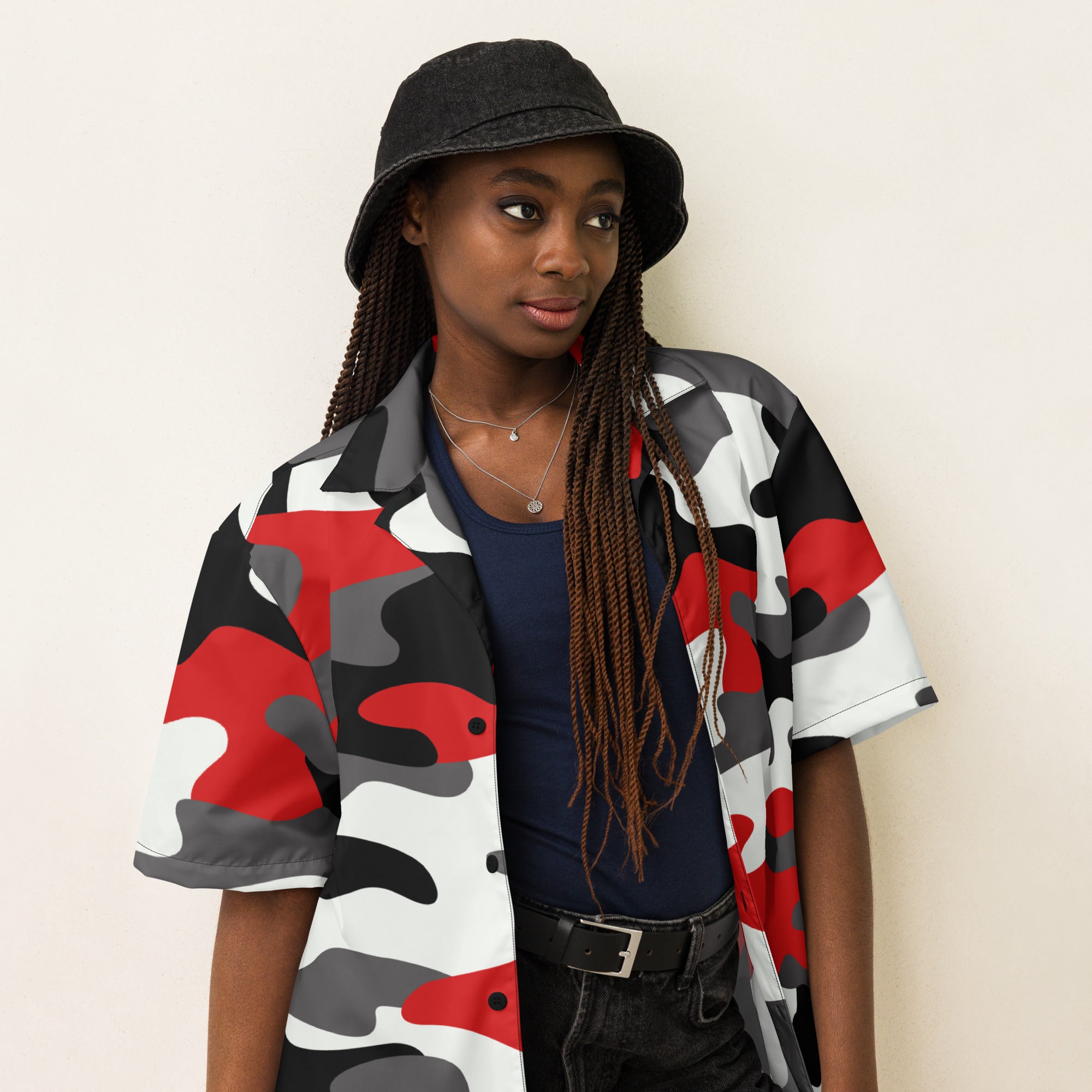 Button Up Shirt | OVERSIZED FIT | Red, Black, and White Camouflage Camo Colors