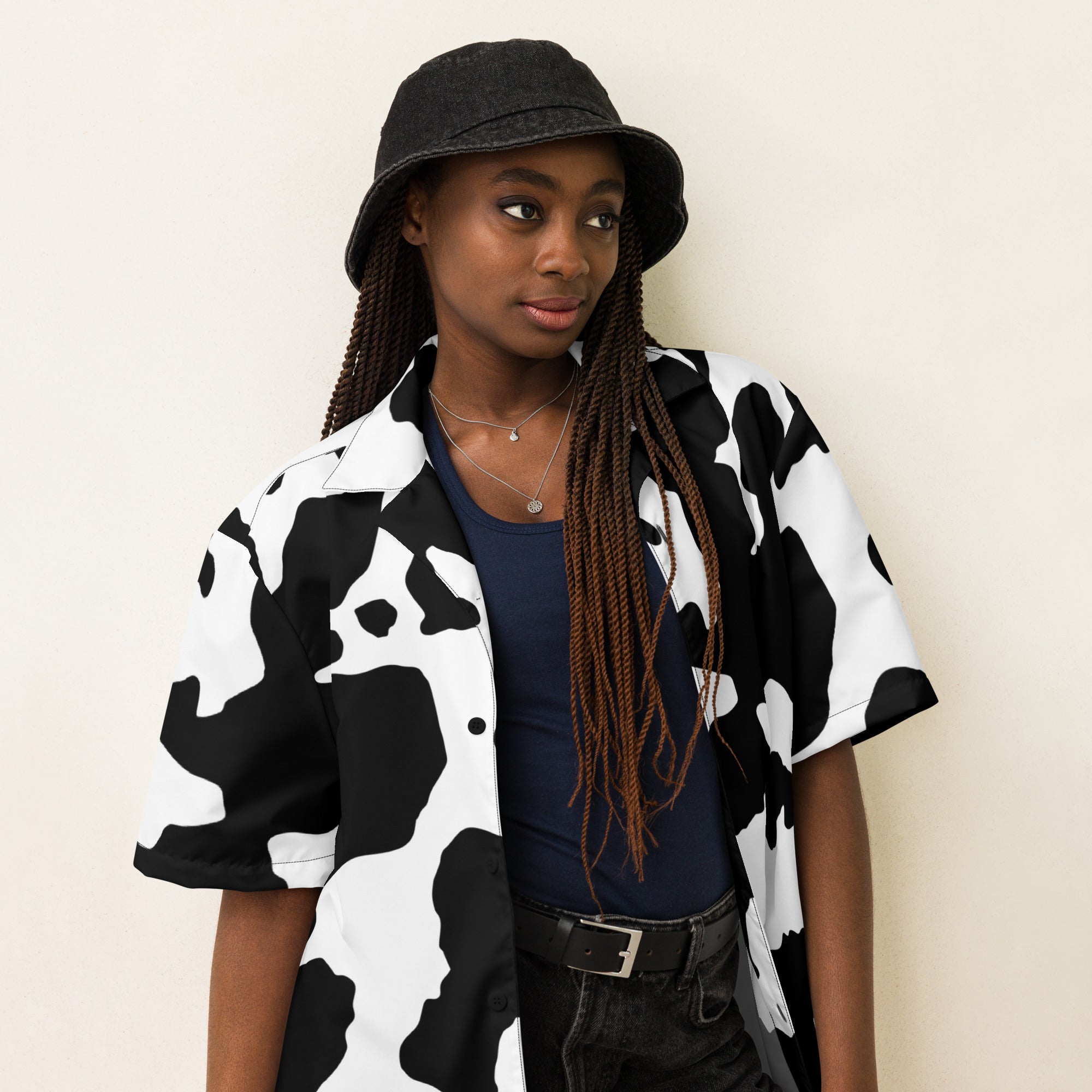 Camo Button Up Shirt | OVERSIZED FIT | Black & White Cow Print Camo Colors
