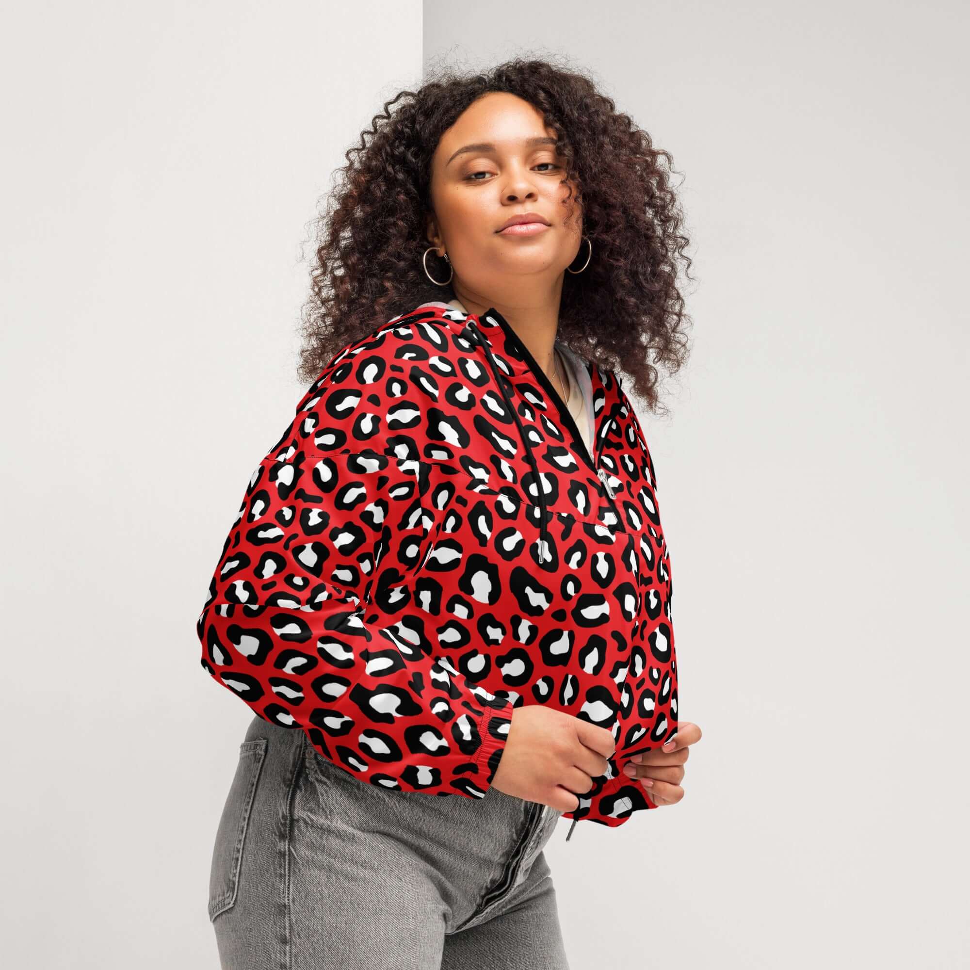 Women's Windbreaker | Red, Black and White Leopard Pattern Camo Colors