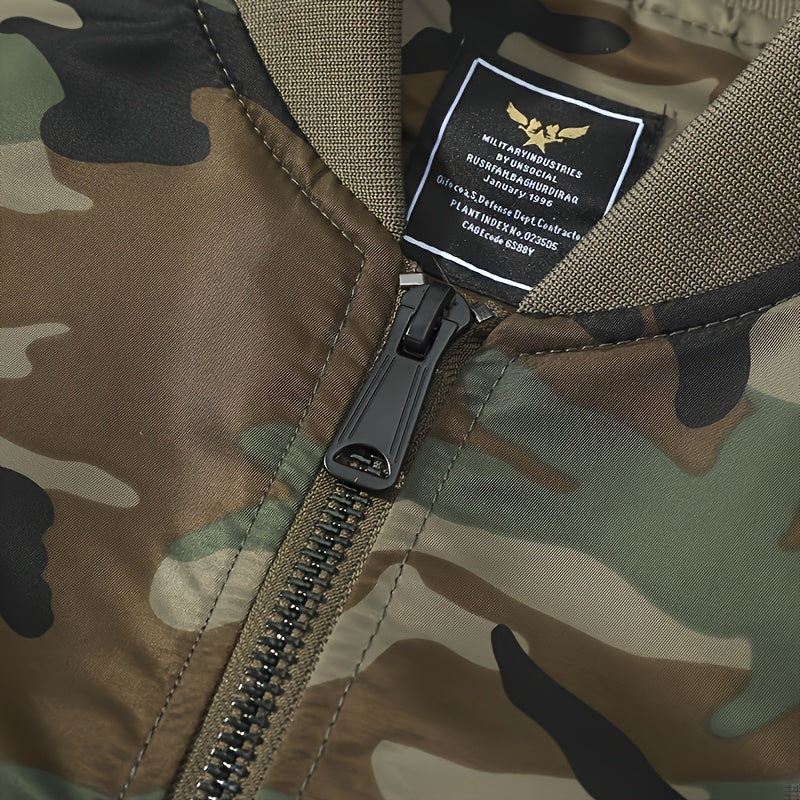 Fashionable Men's Camo Bomber Jacket, Stand Collar, Zipper Camo Colors