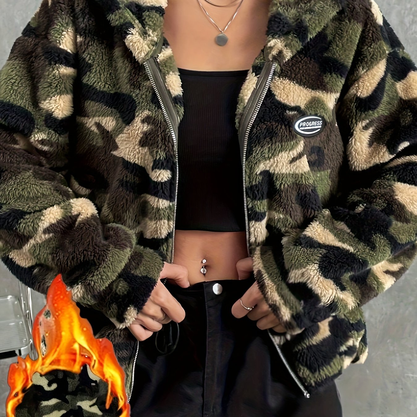 Women's Camo Print Zip-up Fluffy Jacket: Hooded, Fall/Winter Camo Colors