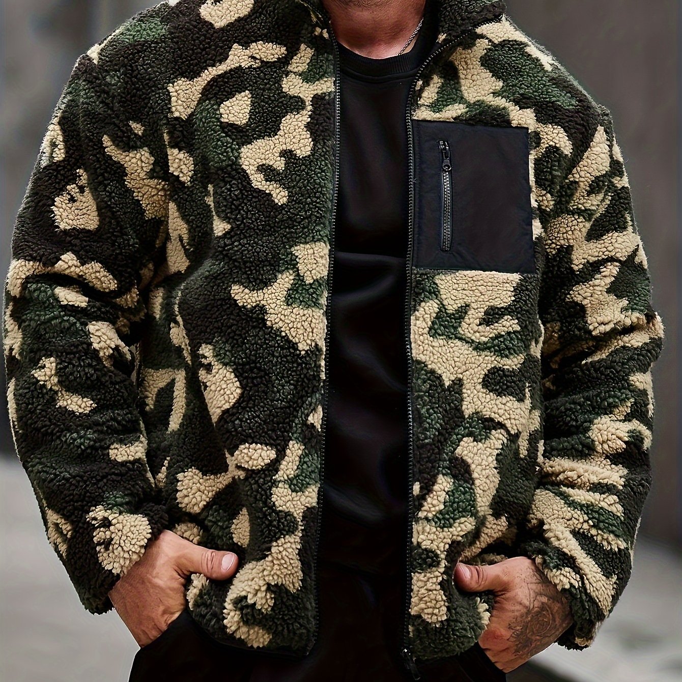 Camouflage Lapel Fleece Jacket for Men, Fall & Winter Style Camo Colors